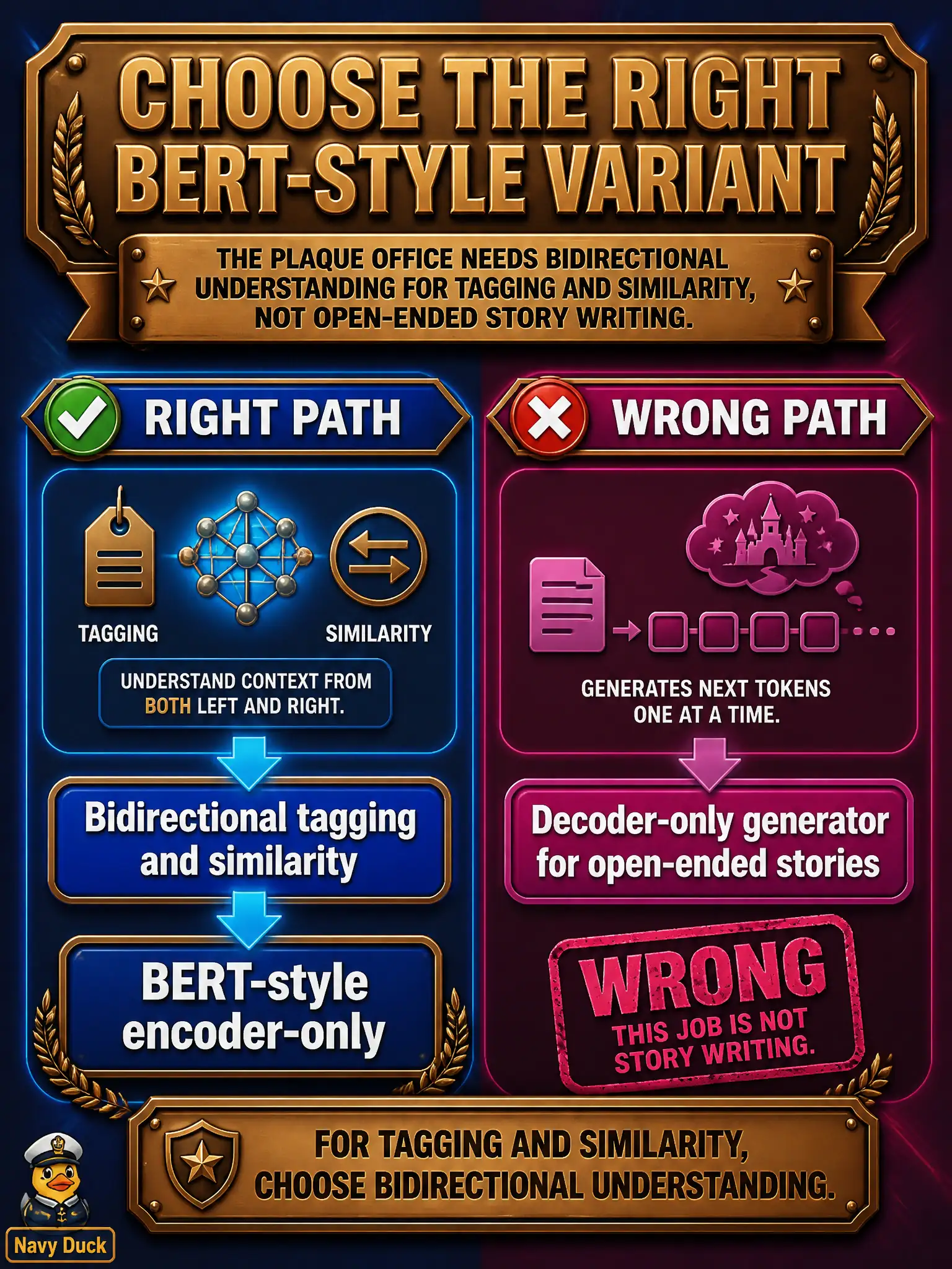 To Create an exciting colorful infographic that explains the concepts in the question: Question: A plaque office needs bidirectional understanding for tagging and similarity, not open-ended story writing. Which official LLM variant fits? Correct Answer: A BERT-style encoder-only variant, not a decoder-only generator. Put EVERY visible label in double quotes. No people. No A/B/C/D letters. In one of the four corners put a little "Navy Duck".