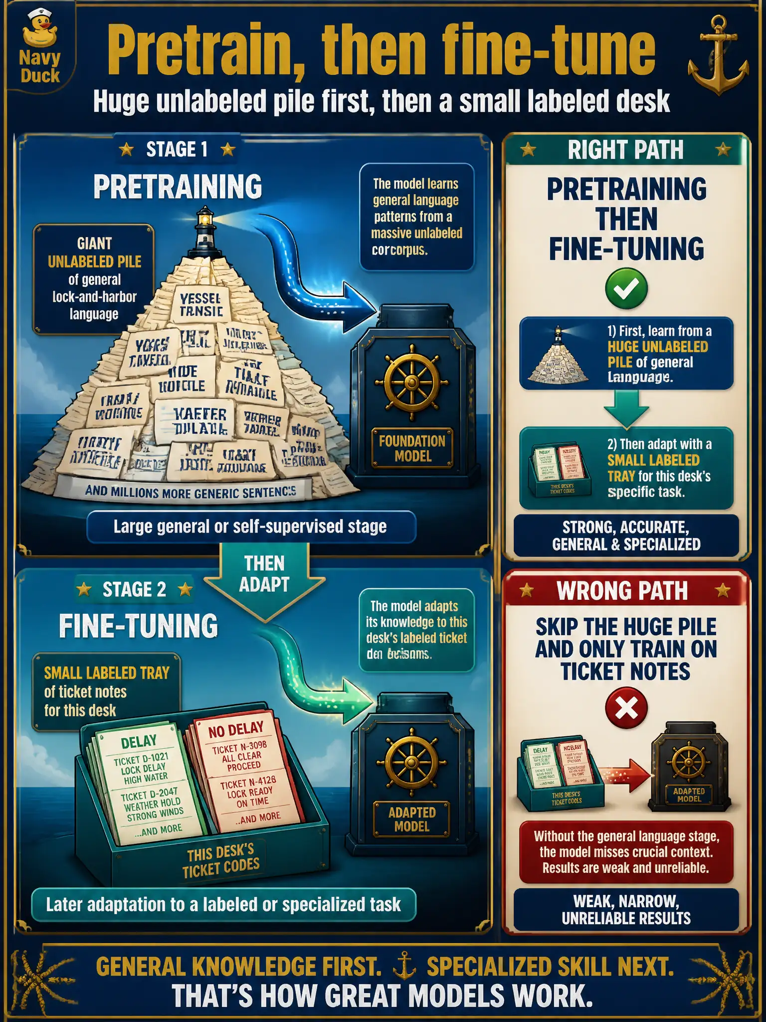 To Create an exciting colorful infographic that explains the concepts in the question: Question: First a model absorbs generic lock-and-harbor language from a huge unlabeled pile; later a small labeled set of “delay / no delay” notes adapts it to one desk’s ticket codes. What are those two stages? Correct Answer: Pretraining (large general or self-supervised stage) then fine-tuning (later adaptation to a labeled or specialized task). Put EVERY visible label in double quotes. No people. No A/B/C/D letters. In one of the four corners put a little "Navy Duck".