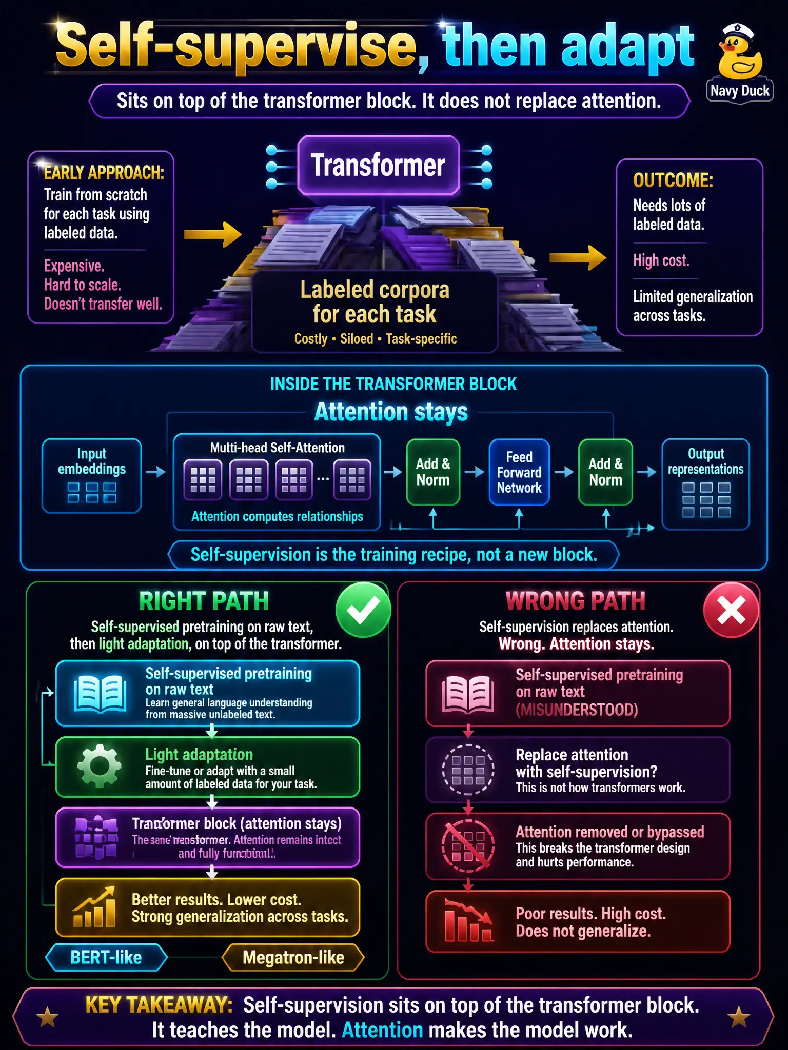 To Create an exciting colorful infographic that explains the concepts in the question: Question: Early transformers still needed costly labeled corpora for each task. Why did self-supervision make BERT-, Megatron-, and similar variants so effective? Correct Answer: Self-supervised pretraining on raw text, then light adaptation, sits on top of the transformer block. It does not replace attention. Put EVERY visible label in double quotes. No people. No A/B/C/D letters. In one of the four corners put a little "Navy Duck".