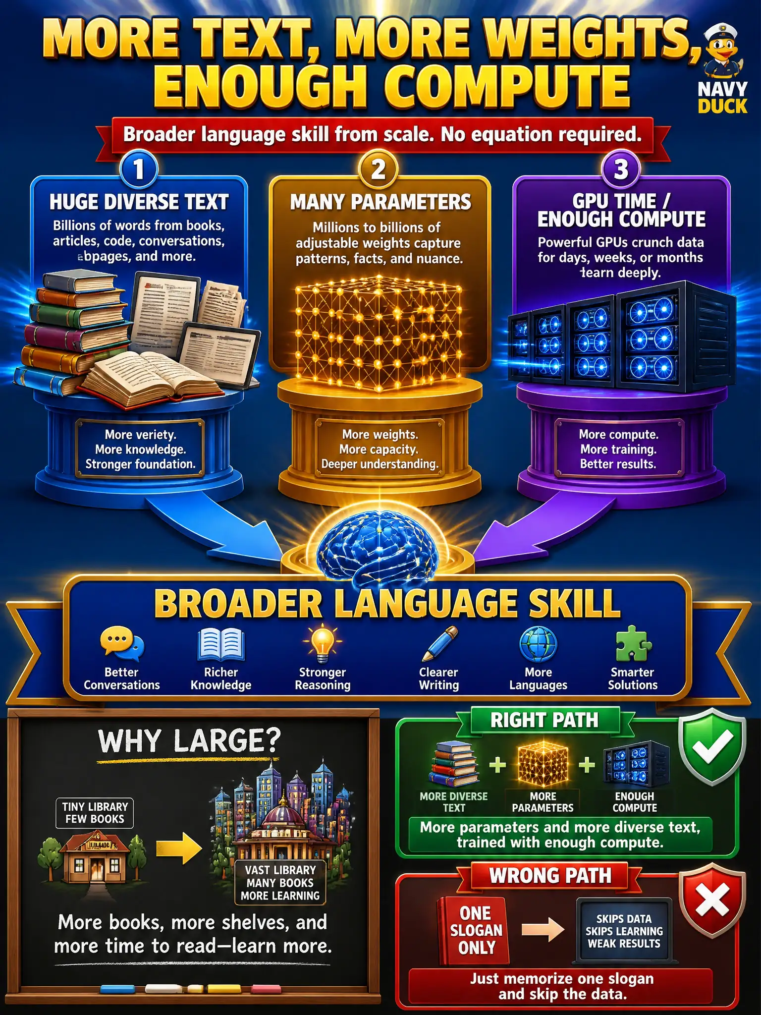 To Create an exciting colorful infographic that explains the concepts in the question: Question: A town council asks why a “large” language model needs huge text, many weights, and GPU time. What associate picture should they get? Correct Answer: More parameters and more diverse text, trained with enough compute, yield broader language skill. No scaling-law equation is required. Put EVERY visible label in double quotes. No people. No A/B/C/D letters. In one of the four corners put a little "Navy Duck".