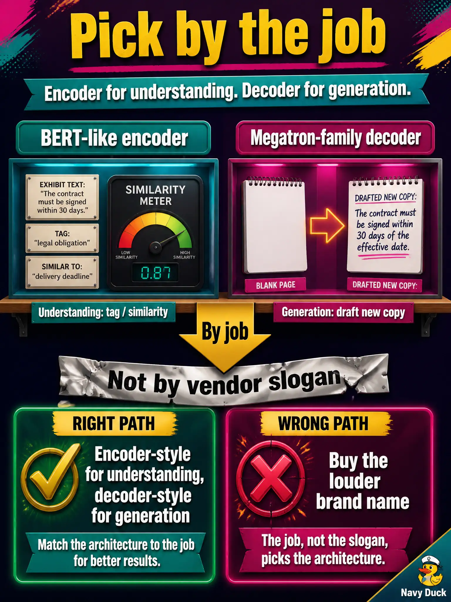 To Create an exciting colorful infographic that explains the concepts in the question: Question: Two variants sit on a shelf: a BERT-like encoder for tagging exhibit text and a large decoder-style Megatron-family model for drafting new copy. How should they pick? Correct Answer: By job: encoder-style for understanding (tag/similarity), decoder-style for generation. Not by vendor slogan. Put EVERY visible label in double quotes. No people. No A/B/C/D letters. In one of the four corners put a little "Navy Duck".
