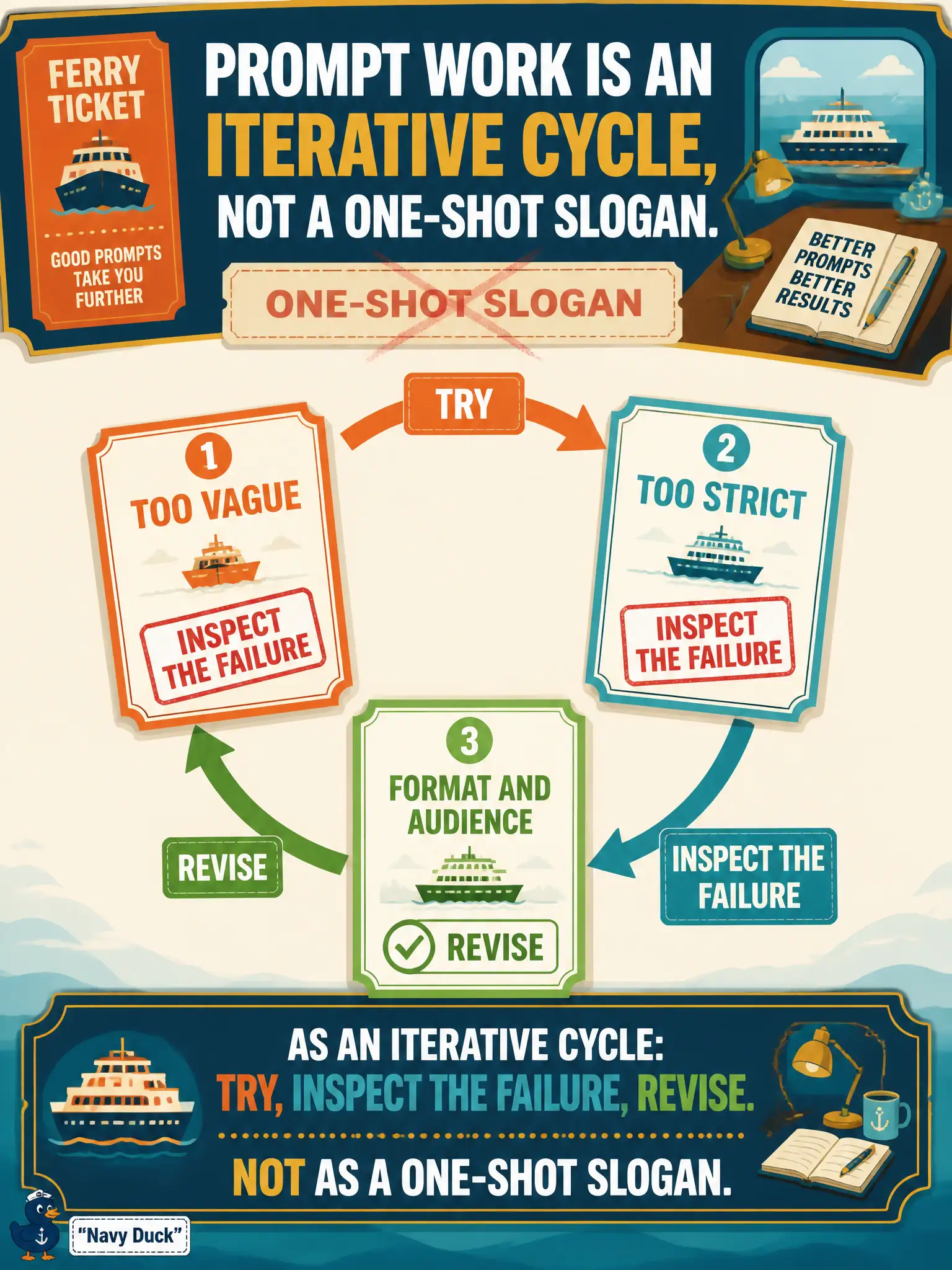 To Create an exciting colorful infographic that explains the concepts in the question: Question: A ferry-desk prompt is too vague, then too strict, then finally states format and audience. How should prompt work be treated? Correct Answer: As an iterative cycle: try, inspect the failure, revise. Not as a one-shot slogan. Put EVERY visible label in double quotes. No people. No A/B/C/D letters. In one of the four corners put a little "Navy Duck".