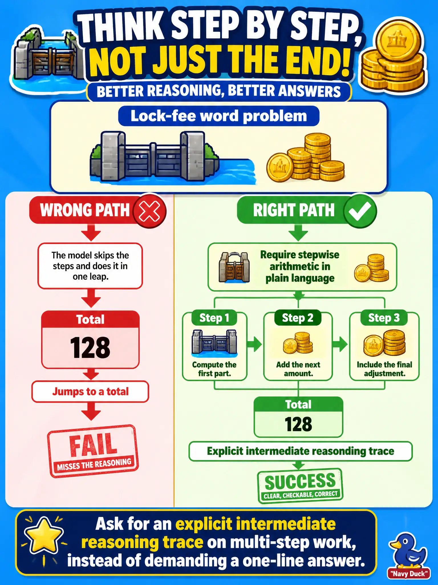 To Create an exciting colorful infographic that explains the concepts in the question: Question: A lock-fee word problem fails when the model jumps to a total, then succeeds when the prompt requires stepwise arithmetic in plain language. What prompt pattern is that? Correct Answer: Ask for an explicit intermediate reasoning trace on multi-step work, instead of demanding a one-line answer. Put EVERY visible label in double quotes. No people. No A/B/C/D letters. In one of the four corners put a little "Navy Duck".