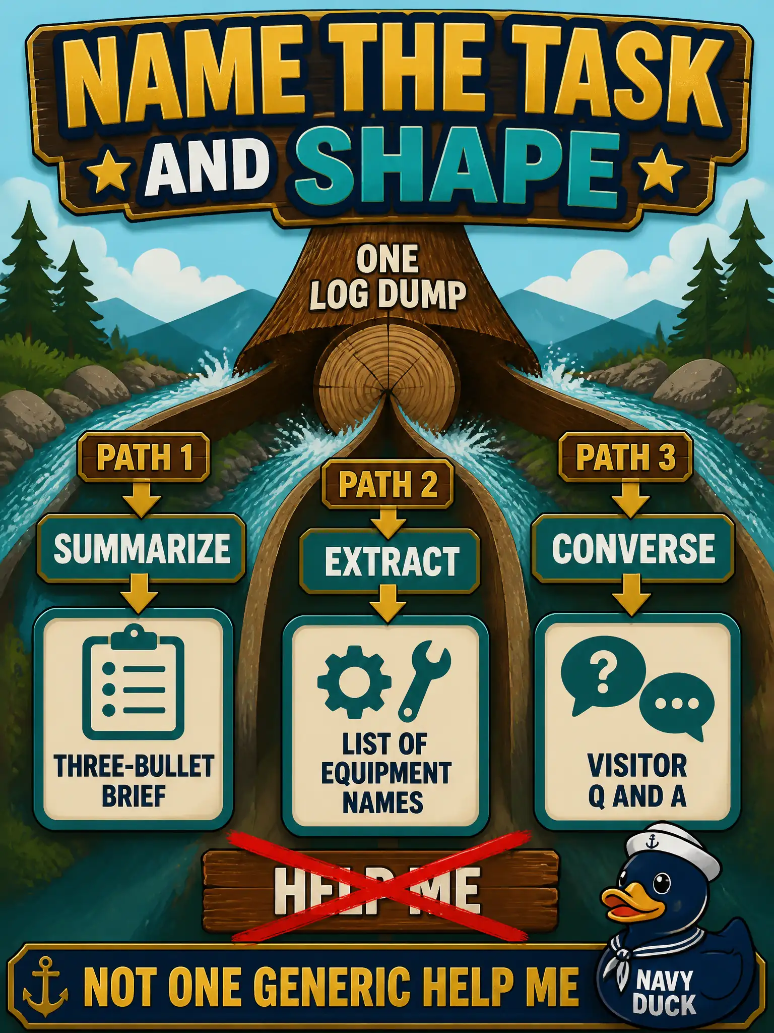To Create an exciting colorful infographic that explains the concepts in the question: Question: The same log dump must become a three-bullet brief, a list of equipment names, or a visitor Q&A. What should the three prompts do? Correct Answer: Name the generative task and the output shape (summarize, extract, or converse) instead of one generic “help me.” Put EVERY visible label in double quotes. No people. No A/B/C/D letters. In one of the four corners put a little "Navy Duck".