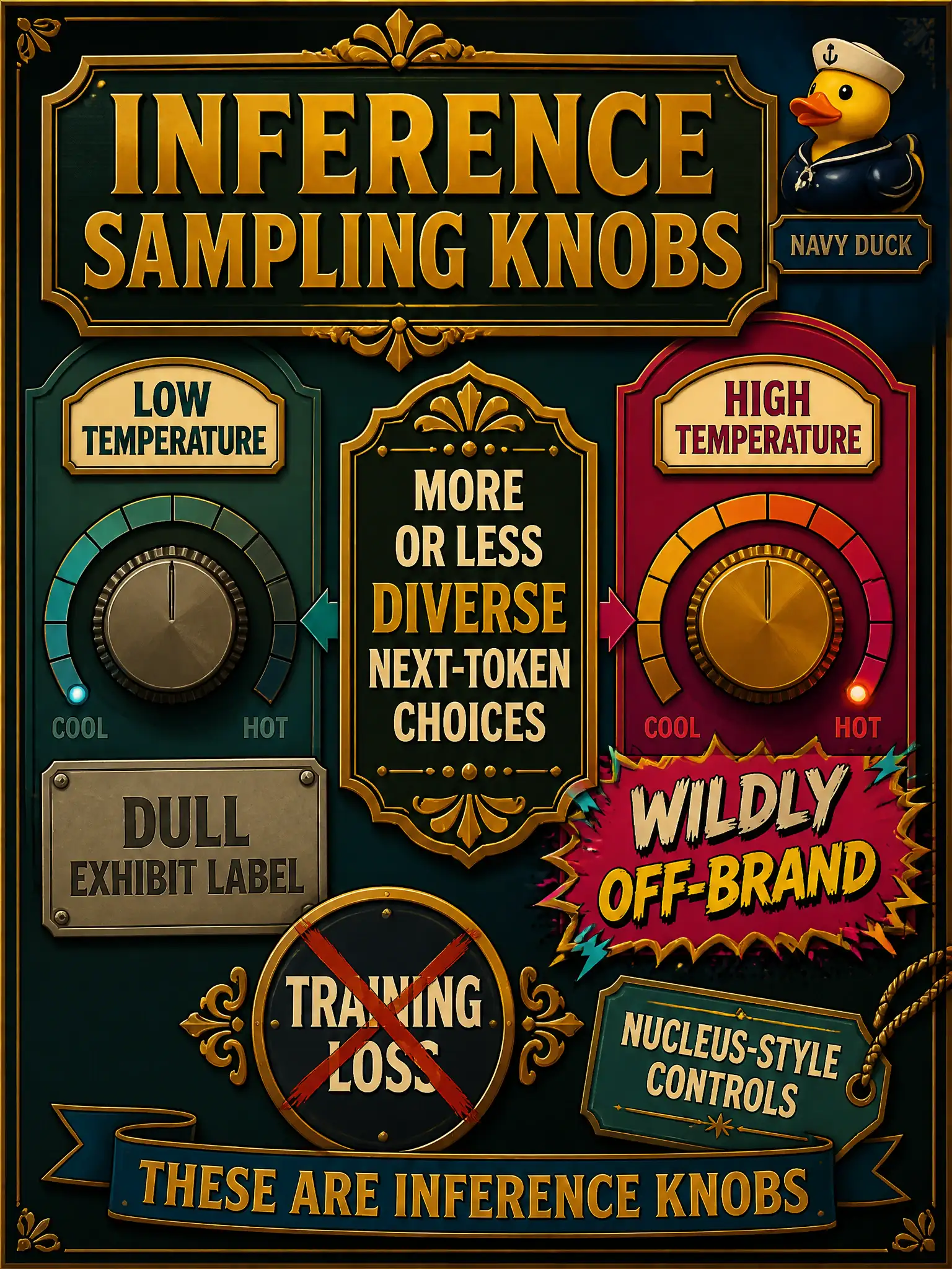 To Create an exciting colorful infographic that explains the concepts in the question: Question: A draft exhibit label is dull at a low randomness setting and wildly off-brand at a high one. What kind of controls are those? Correct Answer: Inference sampling knobs such as temperature (and related nucleus-style controls): more or less diverse next-token choices, not training loss. Put EVERY visible label in double quotes. No people. No A/B/C/D letters. In one of the four corners put a little "Navy Duck".