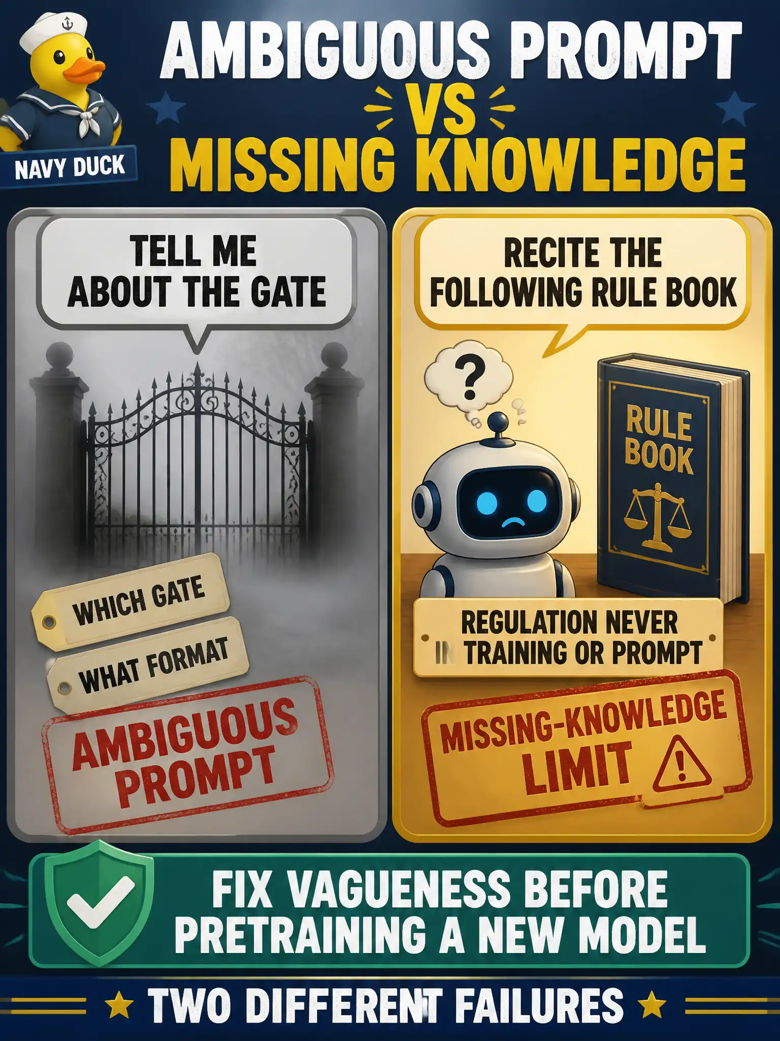 To Create an exciting colorful infographic that explains the concepts in the question: Question: One failure is “tell me about the gate” with no which-gate or what-format; another is asking a small model to recite a regulation that was never in its training or prompt. What is the difference? Correct Answer: The first is an ambiguous prompt; the second is a missing-knowledge / capability limit. Fix vagueness before pretraining a new model. Put EVERY visible label in double quotes. No people. No A/B/C/D letters. In one of the four corners put a little "Navy Duck".