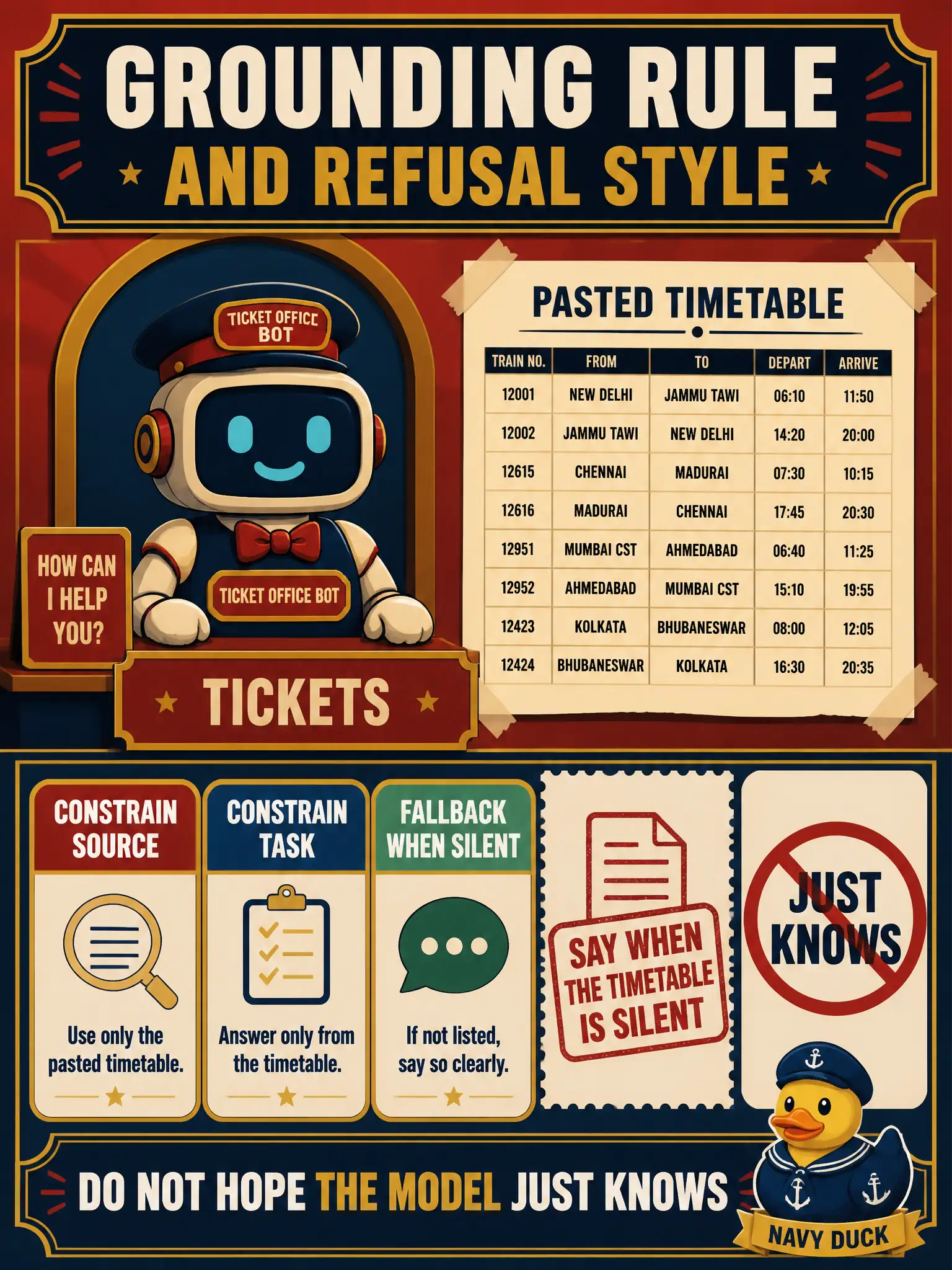 To Create an exciting colorful infographic that explains the concepts in the question: Question: A ticket office wants a bot that answers only from the pasted timetable and says when the timetable is silent. What should the prompt include? Correct Answer: A grounding rule and a refusal style: constrain source, task, and fallback. Do not hope the model “just knows.” Put EVERY visible label in double quotes. No people. No A/B/C/D letters. In one of the four corners put a little "Navy Duck".
