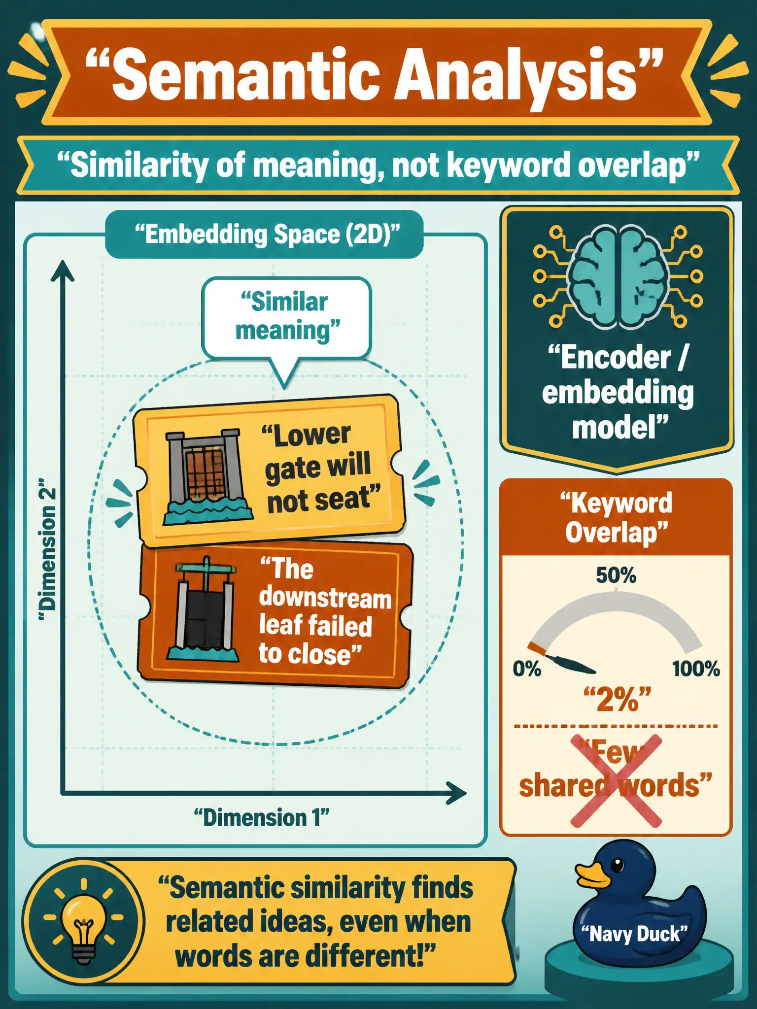 To Create an exciting colorful infographic that explains the concepts in the question: Question: “Lower gate will not seat” and “the downstream leaf failed to close” should score as similar even though they share few words. Which job is that? Correct Answer: Semantic analysis with an encoder / embedding model: similarity of meaning, not keyword overlap. Put EVERY visible label in double quotes. No people. No A/B/C/D letters. In one of the four corners put a little "Navy Duck".