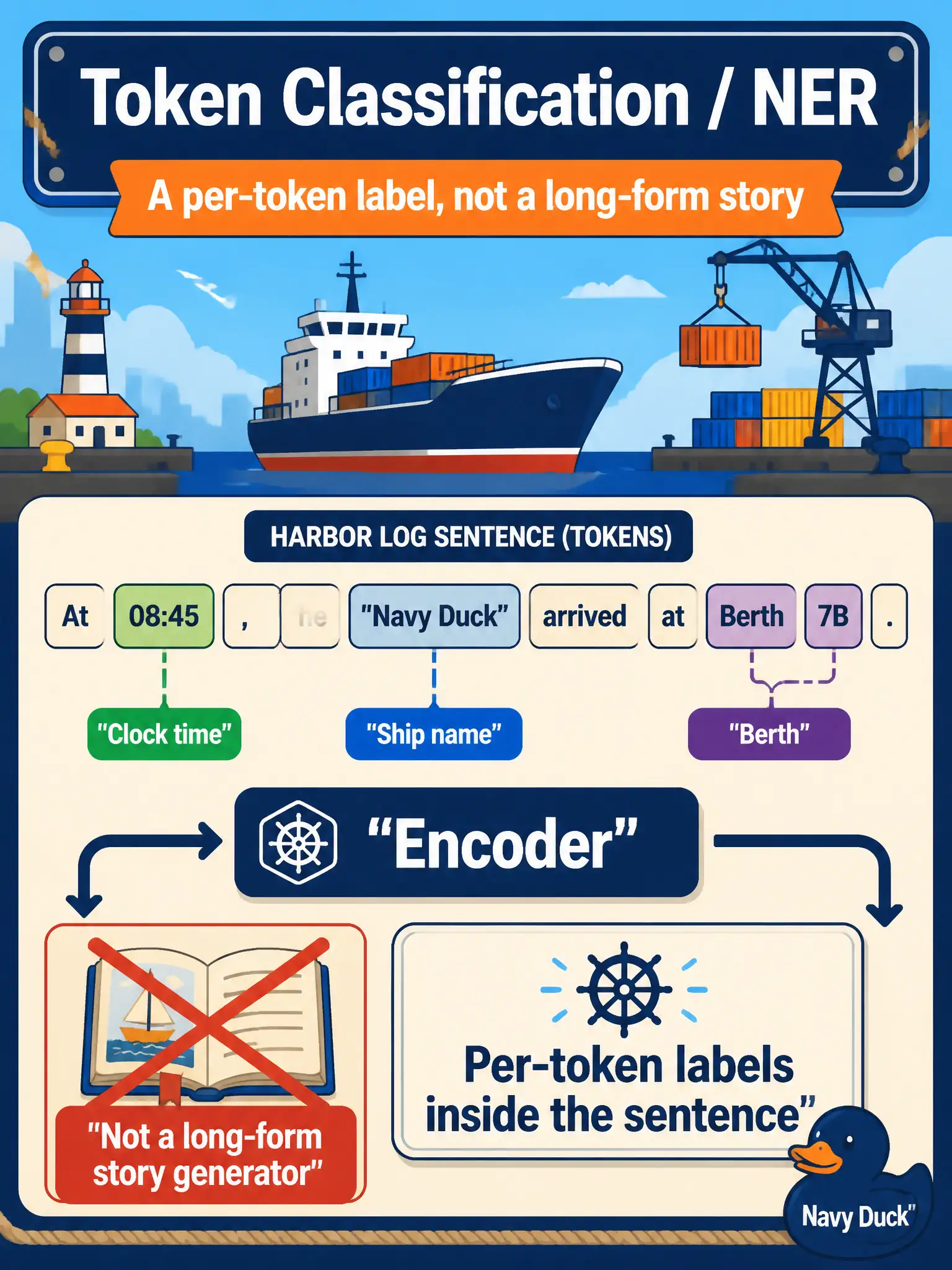 To Create an exciting colorful infographic that explains the concepts in the question: Question: A harbor log must mark each ship name, berth, and clock time inside the sentence. Which encoder setup fits? Correct Answer: Token classification / NER: a per-token label, not a long-form story generator. Put EVERY visible label in double quotes. No people. No A/B/C/D letters. In one of the four corners put a little "Navy Duck".