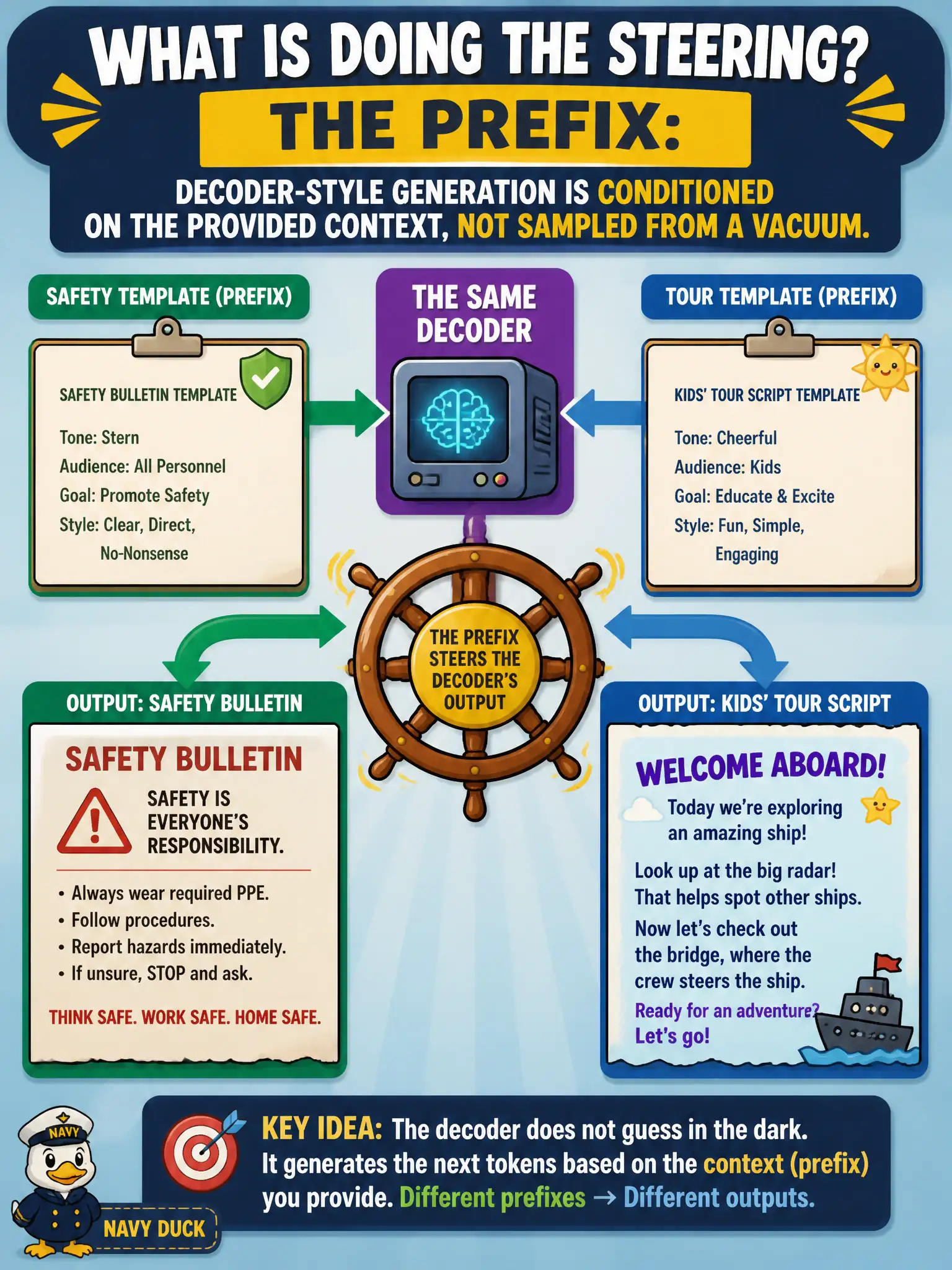 To Create an exciting colorful infographic that explains the concepts in the question: Question: The same decoder writes a stern safety bulletin when primed with a safety template, and a cheerful kids’ tour script when primed with a tour template. What is doing the steering? Correct Answer: The prefix: decoder-style generation is conditioned on the provided context, not sampled from a vacuum. Put EVERY visible label in double quotes. No people. No A/B/C/D letters. In one of the four corners put a little "Navy Duck".