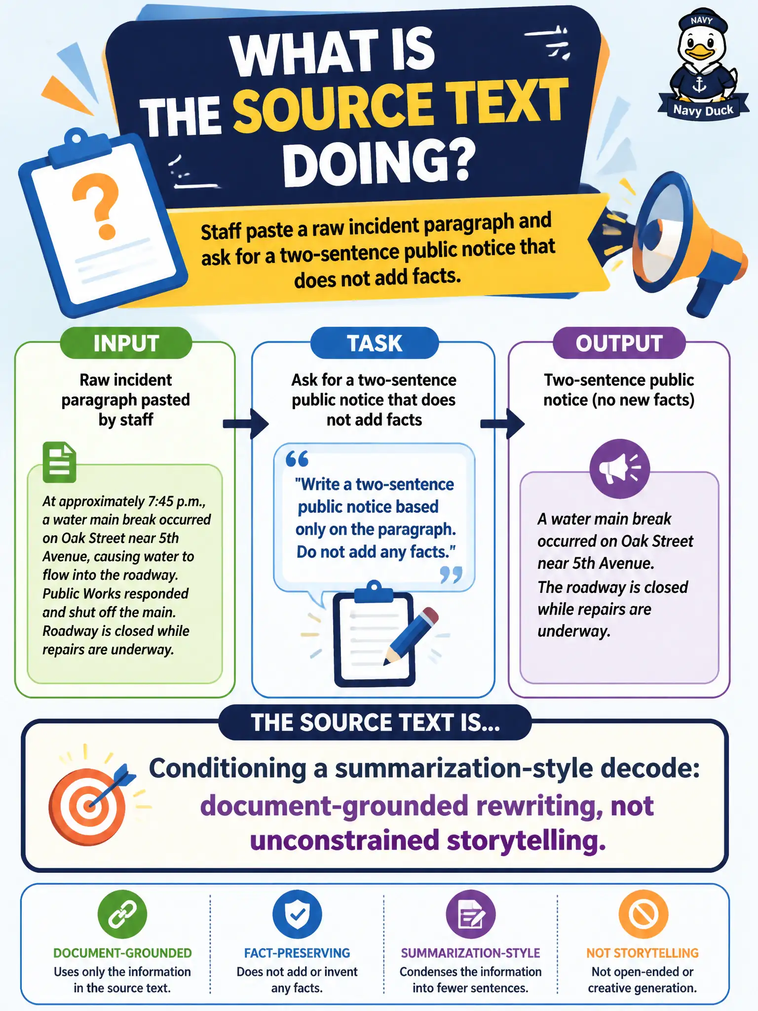 To Create an exciting colorful infographic that explains the concepts in the question: Question: Staff paste a raw incident paragraph and ask for a two-sentence public notice that does not add facts. What is the source text doing? Correct Answer: Conditioning a summarization-style decode: document-grounded rewriting, not unconstrained storytelling. Put EVERY visible label in double quotes. No people. No A/B/C/D letters. In one of the four corners put a little "Navy Duck".