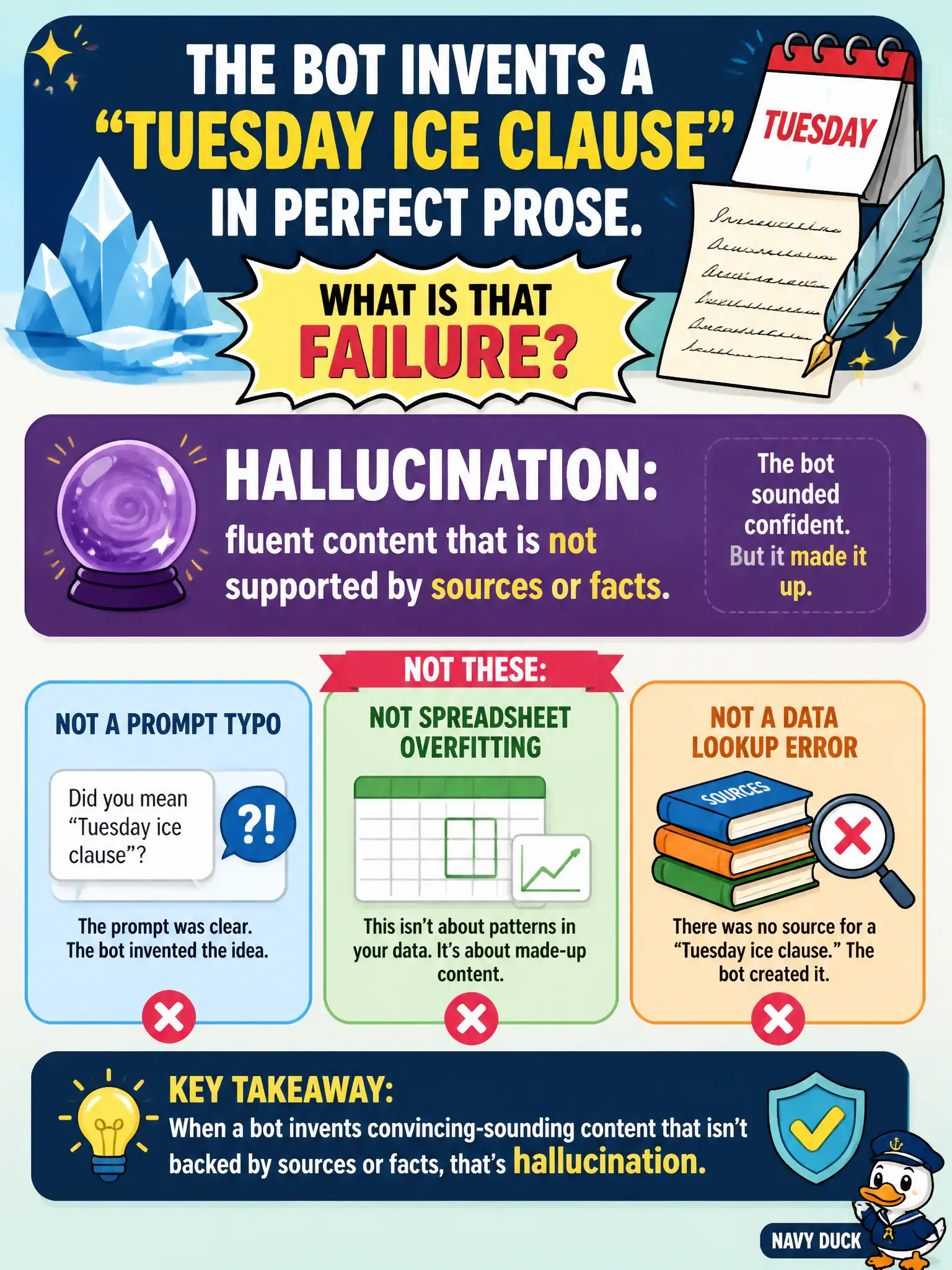 To Create an exciting colorful infographic that explains the concepts in the question: Question: The bot invents a “Tuesday ice clause” in perfect prose. What is that failure? Correct Answer: Hallucination: fluent content that is not supported by sources or facts. Not a prompt typo and not spreadsheet overfitting. Put EVERY visible label in double quotes. No people. No A/B/C/D letters. In one of the four corners put a little "Navy Duck".