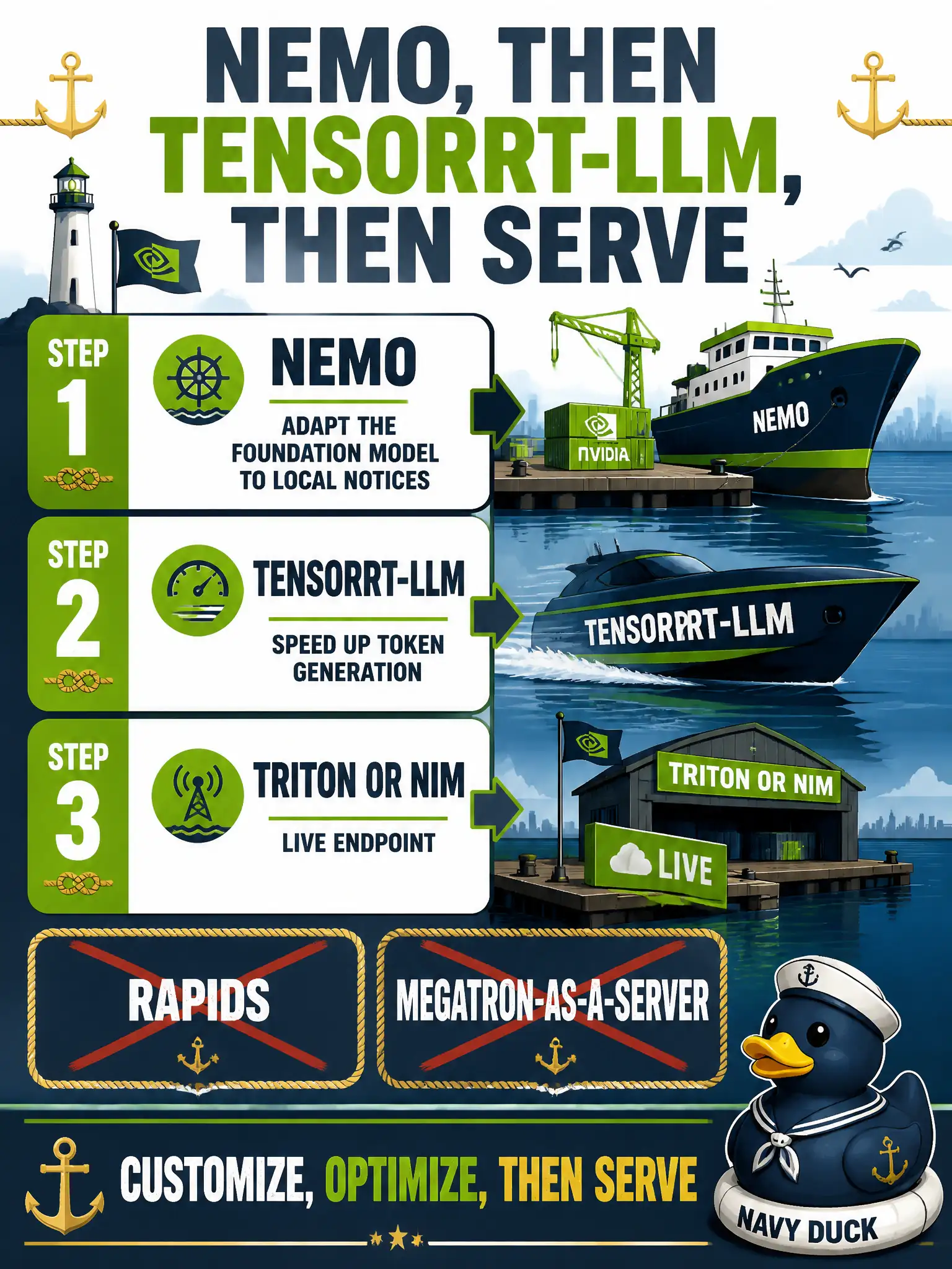 To Create an exciting colorful infographic that explains the concepts in the question: Question: A harbor authority lists three needs in order: adapt a foundation model to local notices, then speed up token generation, then put the result behind a live endpoint. Which NVIDIA sequence is that? Correct Answer: NeMo to customize, TensorRT-LLM to optimize inference, then Triton or NIM to serve. Not RAPIDS and not Megatron-as-a-server. Put EVERY visible label in double quotes. No people. No A/B/C/D letters. In one of the four corners put a little "Navy Duck".