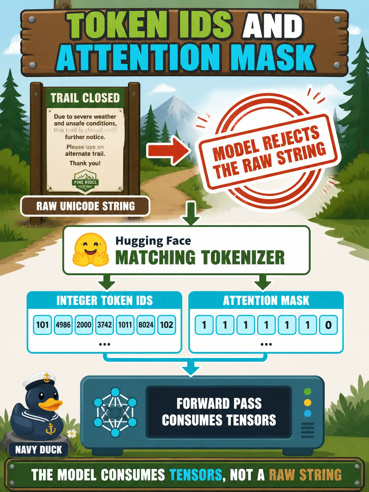 To Create an exciting colorful infographic that explains the concepts in the question: Question: A city parks clerk pastes a trail-closure notice into a local Hugging Face script, and the model rejects the raw Unicode string. What must the script produce before a forward pass? Correct Answer: Integer token IDs and an attention mask from the matching tokenizer. The model consumes tensors, not a raw string. Put EVERY visible label in double quotes. No people. No A/B/C/D letters. In one of the four corners put a little "Navy Duck".