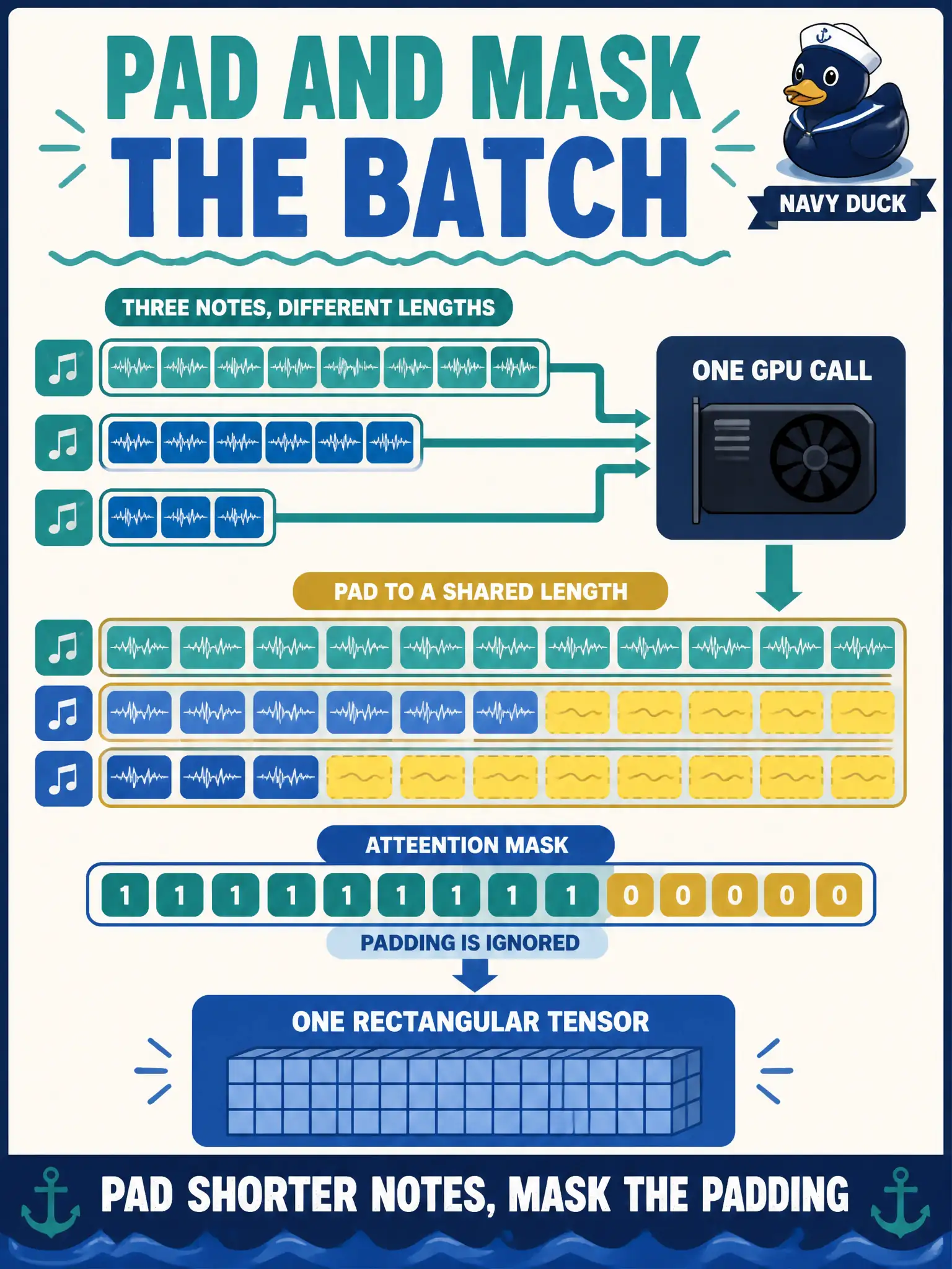 To Create an exciting colorful infographic that explains the concepts in the question: Question: A water-meter office sends three inspection notes of different lengths in one GPU call so the card is not woken three times. How does that batch become one rectangular tensor? Correct Answer: Pad the shorter notes to a shared length and pass an attention mask so padding is ignored. Put EVERY visible label in double quotes. No people. No A/B/C/D letters. In one of the four corners put a little "Navy Duck".