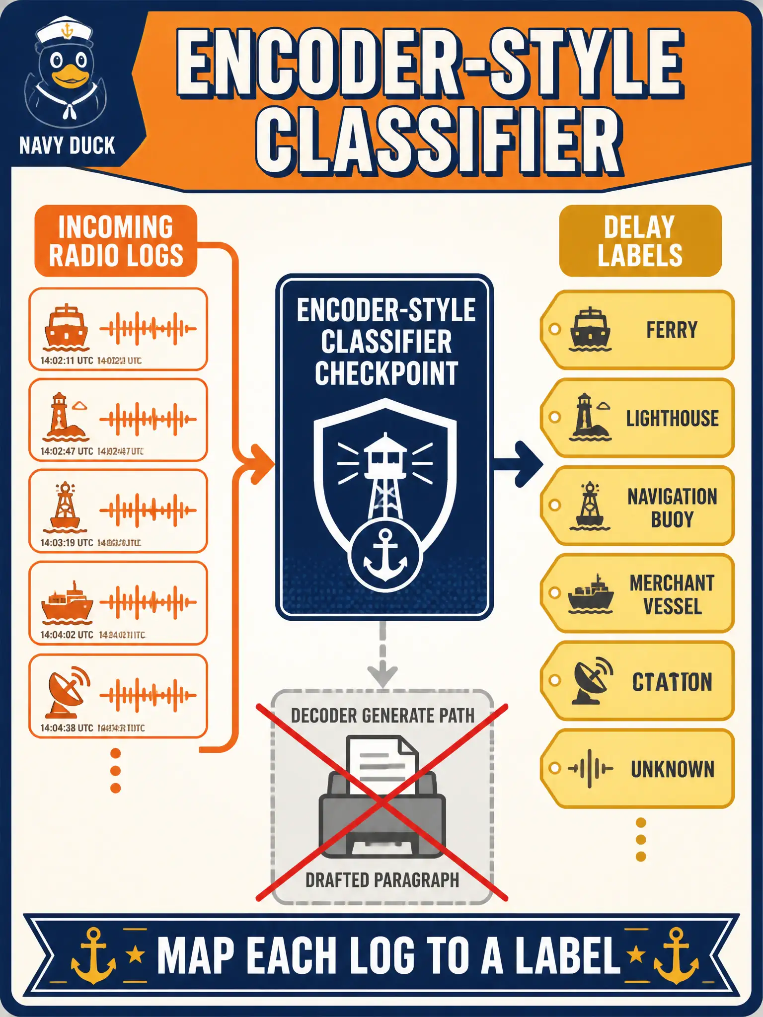 To Create an exciting colorful infographic that explains the concepts in the question: Question: A ferry-terminal kiosk needs a closed set of delay labels on incoming radio logs, not a drafted paragraph. Which architecture should the app load? Correct Answer: An encoder-style classifier checkpoint that maps each log to a label, not a decoder generate path. Put EVERY visible label in double quotes. No people. No A/B/C/D letters. In one of the four corners put a little "Navy Duck".