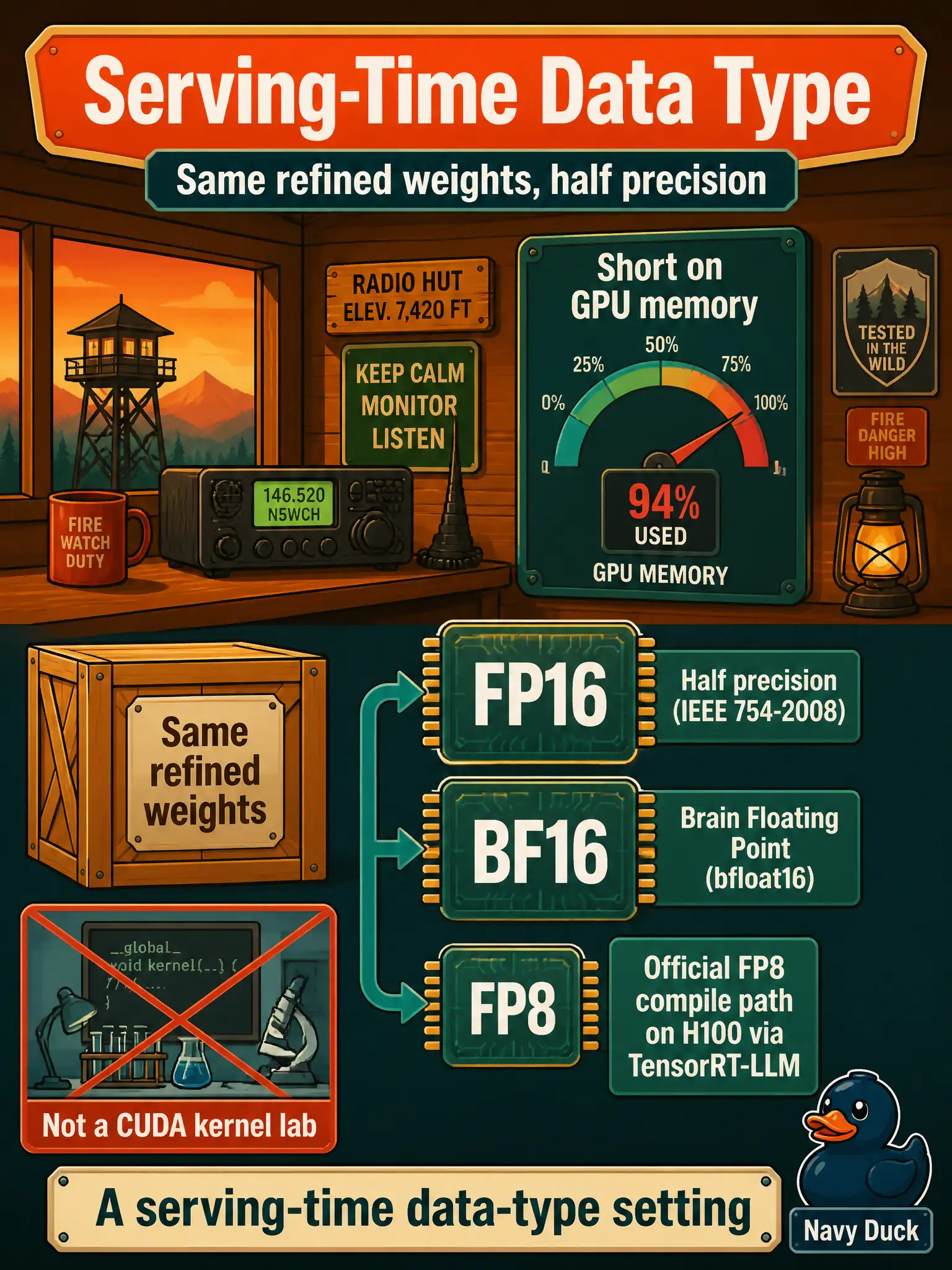 To Create an exciting colorful infographic that explains the concepts in the question: Question: A fire-watch radio hut is short on GPU memory, and a colleague suggests serving the same refined weights at half precision. What kind of choice is that? Correct Answer: A serving-time data-type setting such as FP16 or BF16, or an official FP8 compile path on H100 via TensorRT-LLM. Not a CUDA kernel lab. Put EVERY visible label in double quotes. No people. No A/B/C/D letters. In one of the four corners put a little "Navy Duck".