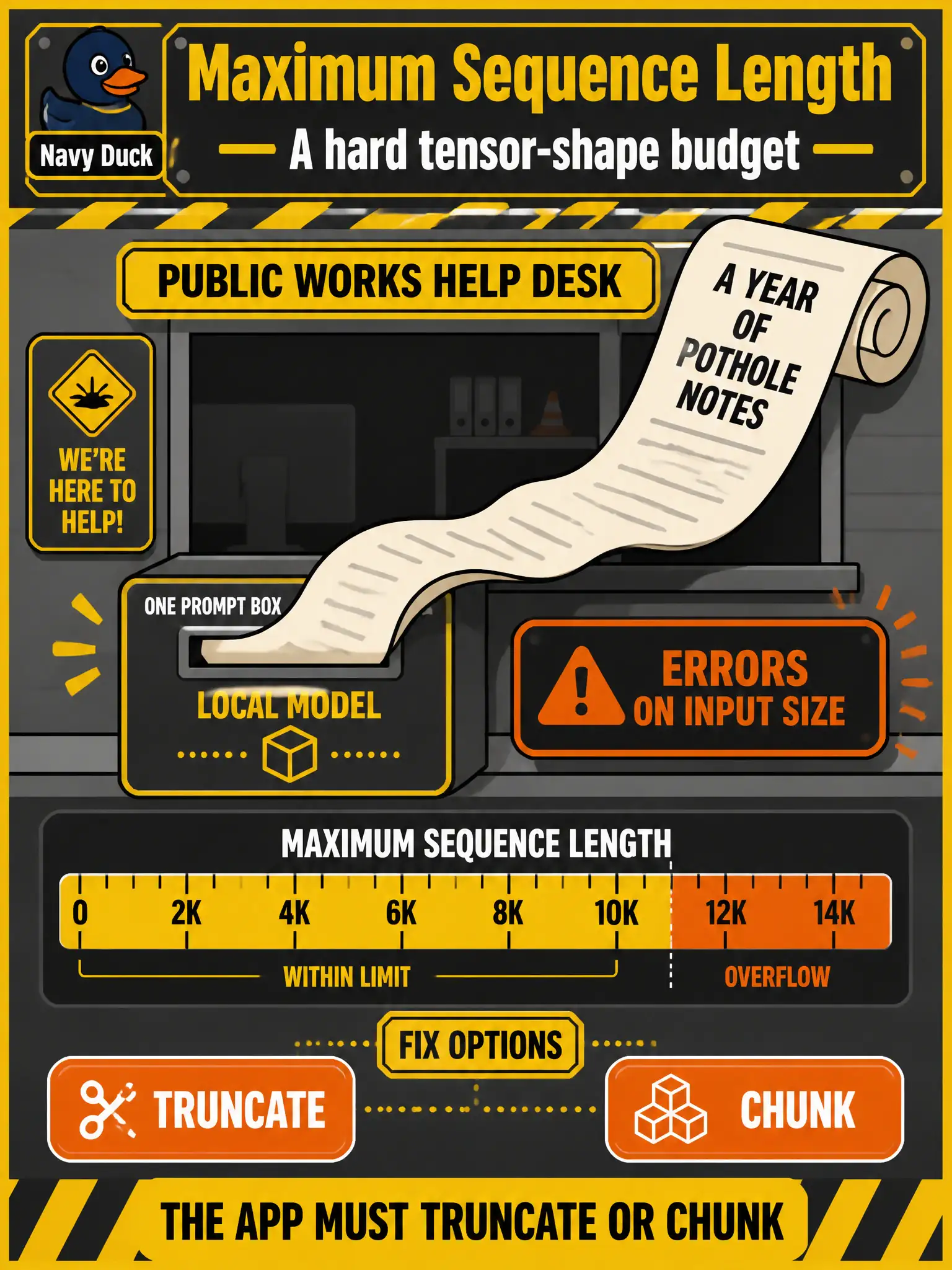 To Create an exciting colorful infographic that explains the concepts in the question: Question: A public-works help desk concatenates a year of pothole notes into one prompt, and the local model errors on input size. What constraint did the client ignore? Correct Answer: The model's maximum sequence length, a hard tensor-shape budget the app must truncate or chunk. Put EVERY visible label in double quotes. No people. No A/B/C/D letters. In one of the four corners put a little "Navy Duck".
