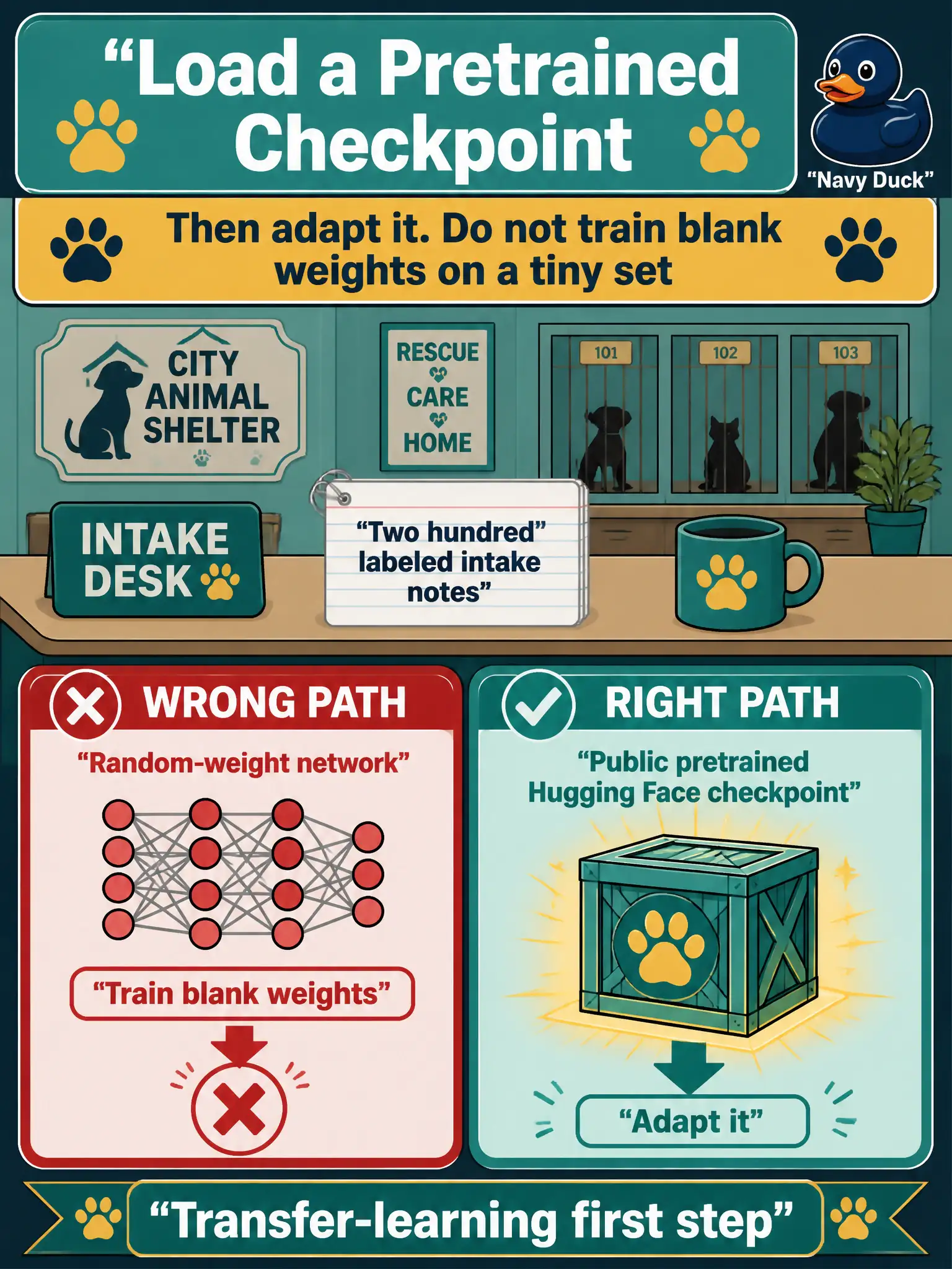 To Create an exciting colorful infographic that explains the concepts in the question: Question: A city animal-shelter clerk has two hundred labeled intake notes. A volunteer starts a random-weight network to be original. What transfer-learning first step should the script take? Correct Answer: Load a public pretrained Hugging Face checkpoint, then adapt it. Do not train blank weights on a tiny set. Put EVERY visible label in double quotes. No people. No A/B/C/D letters. In one of the four corners put a little "Navy Duck".