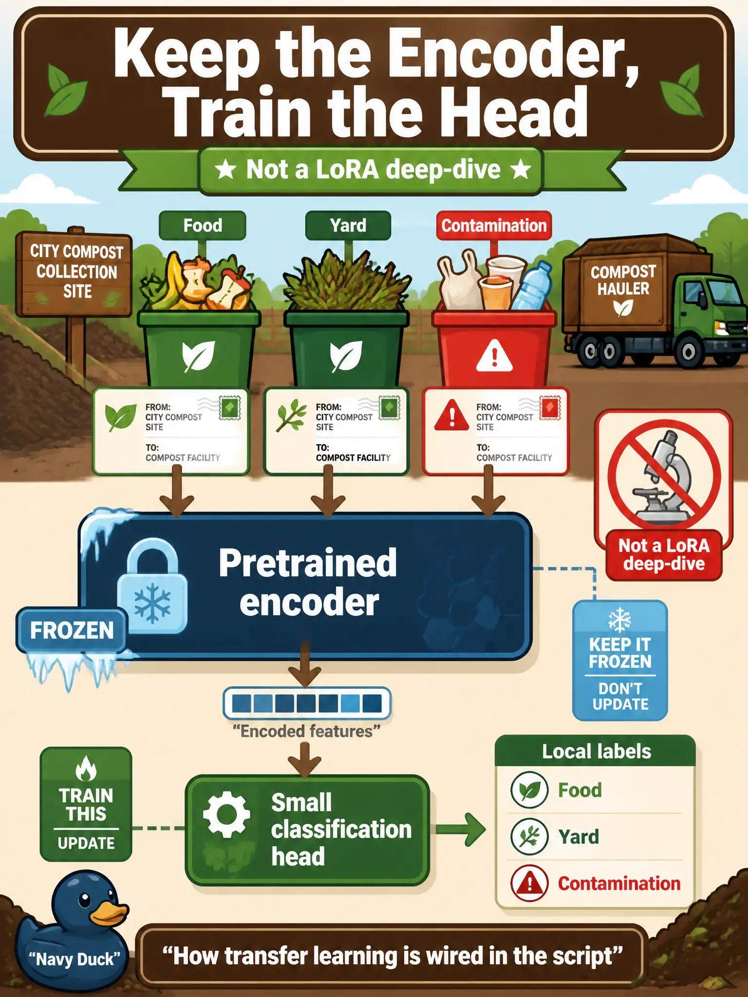 To Create an exciting colorful infographic that explains the concepts in the question: Question: A municipal compost site wants food, yard, or contamination labels on hauler emails. How should transfer learning be wired in the script? Correct Answer: Keep a pretrained encoder and train only a small classification head on the local labels. Not a LoRA deep-dive. Put EVERY visible label in double quotes. No people. No A/B/C/D letters. In one of the four corners put a little "Navy Duck".