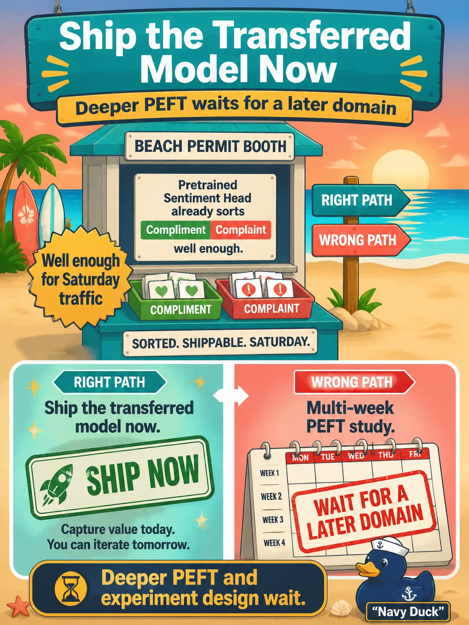 To Create an exciting colorful infographic that explains the concepts in the question: Question: A beach-permit booth's pretrained sentiment head already sorts compliment versus complaint mail well enough for Saturday traffic. A researcher wants a multi-week PEFT study before launch. What should the associate do? Correct Answer: Ship the transferred model now. Deeper PEFT and experiment design wait for a later domain. Put EVERY visible label in double quotes. No people. No A/B/C/D letters. In one of the four corners put a little "Navy Duck".