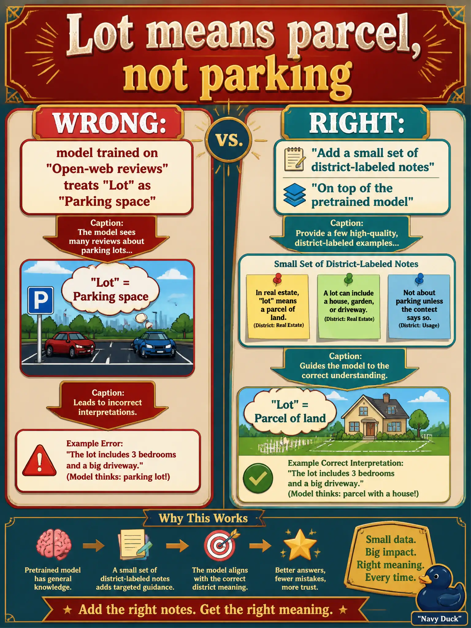 To Create an exciting colorful infographic that explains the concepts in the question: Question: A historic-district newsletter classifier trained on open-web reviews keeps treating lot as a parking space when staff mean a parcel. How should the app fix that mismatch? Correct Answer: Add a small set of district-labeled notes on top of the pretrained model. Do not invent a new architecture. Put EVERY visible label in double quotes. No people. No A/B/C/D letters. In one of the four corners put a little "Navy Duck".