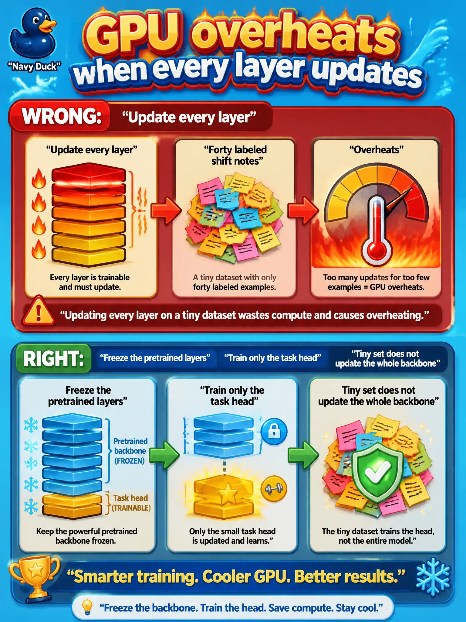 To Create an exciting colorful infographic that explains the concepts in the question: Question: A rec-center swim desk has a GPU that overheats when every layer is updated on forty labeled shift notes. Which associate transfer-learning knob should the script use? Correct Answer: Freeze the pretrained layers and train only the task head so the tiny set does not update the whole backbone. Put EVERY visible label in double quotes. No people. No A/B/C/D letters. In one of the four corners put a little "Navy Duck".