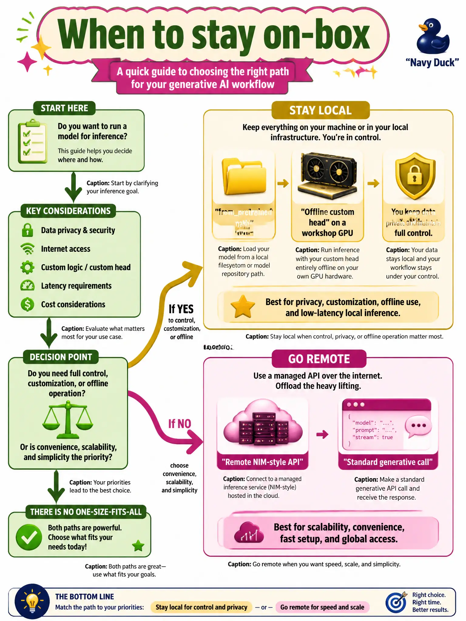 To Create an exciting colorful infographic that explains the concepts in the question: Question: A city tree-nursery shop can either load a small encoder on the workshop GPU or POST text to a hosted NIM-style chat endpoint. When should the project stay on-box? Correct Answer: Stay local with a framework frompretrained path when the shop needs an offline custom head. Use the remote NIM-style API for a standard generative call. Put EVERY visible label in double quotes. No people. No A/B/C/D letters. In one of the four corners put a little "Navy Duck".