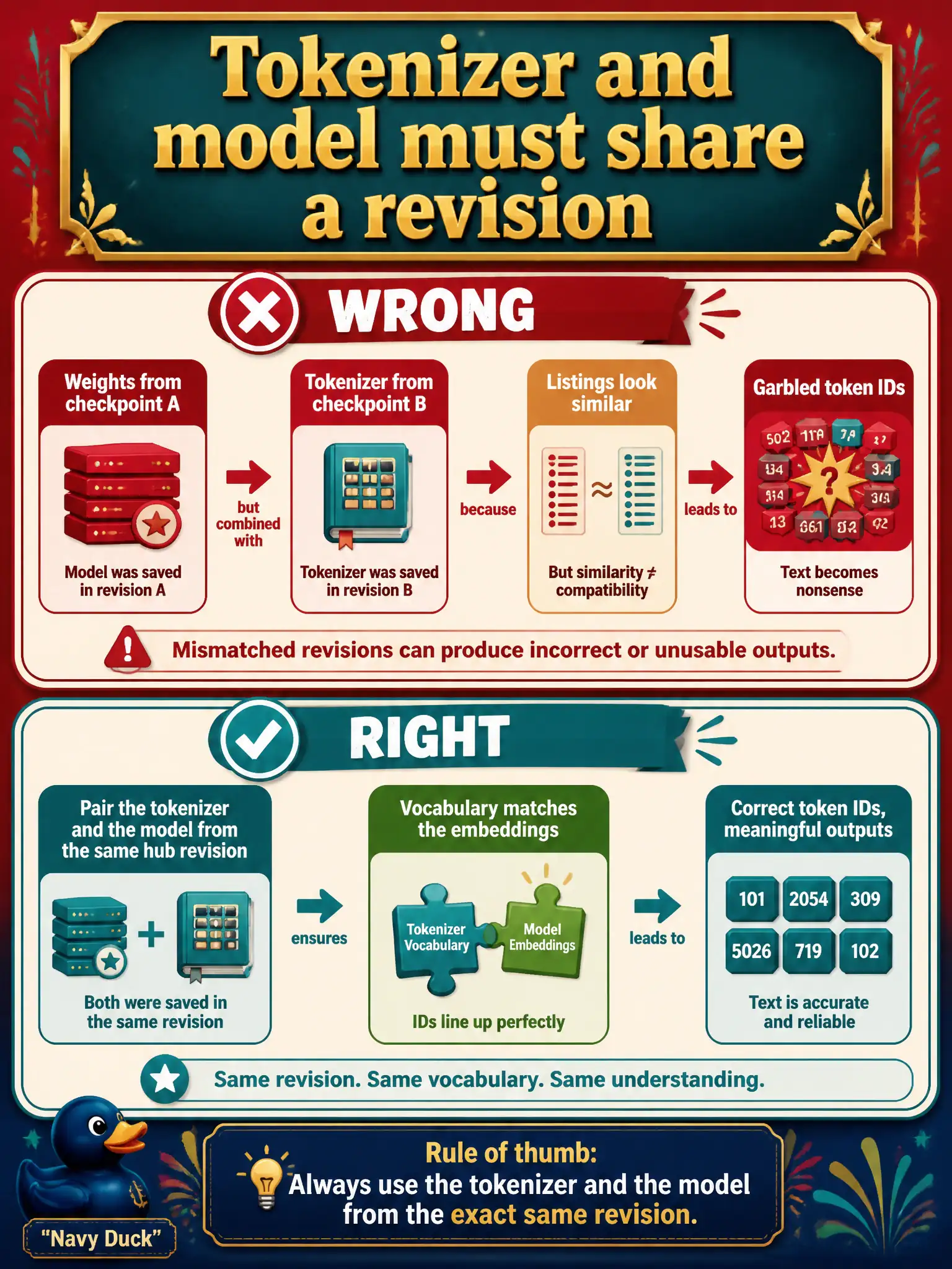 To Create an exciting colorful infographic that explains the concepts in the question: Question: A town-band festival intern loads model weights from checkpoint A and a tokenizer from checkpoint B because both listings look similar. Token IDs come back garbled. What framework rule was broken? Correct Answer: Pair the tokenizer and the model from the same hub revision so the vocabulary matches the embeddings. Put EVERY visible label in double quotes. No people. No A/B/C/D letters. In one of the four corners put a little "Navy Duck".