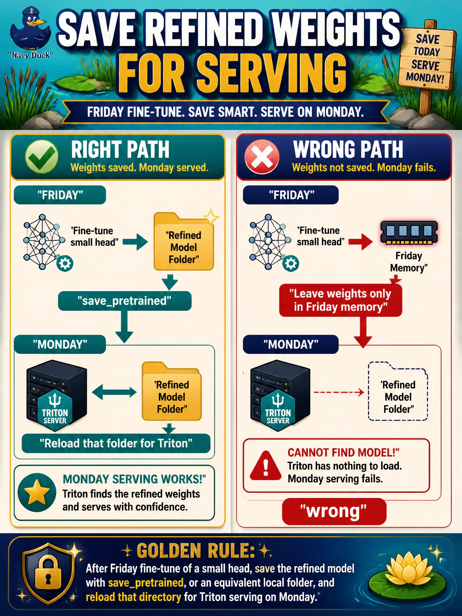To Create an exciting colorful infographic that explains the concepts in the question: Question: A city pond-census intern fine-tunes a small head on Friday and cannot find the weights on Monday when Triton should serve them. What handoff did the project miss? Correct Answer: Save the refined model with savepretrained, or an equivalent local folder, and reload that directory for serving. Put EVERY visible label in double quotes. No people. No A/B/C/D letters. In one of the four corners put a little "Navy Duck".