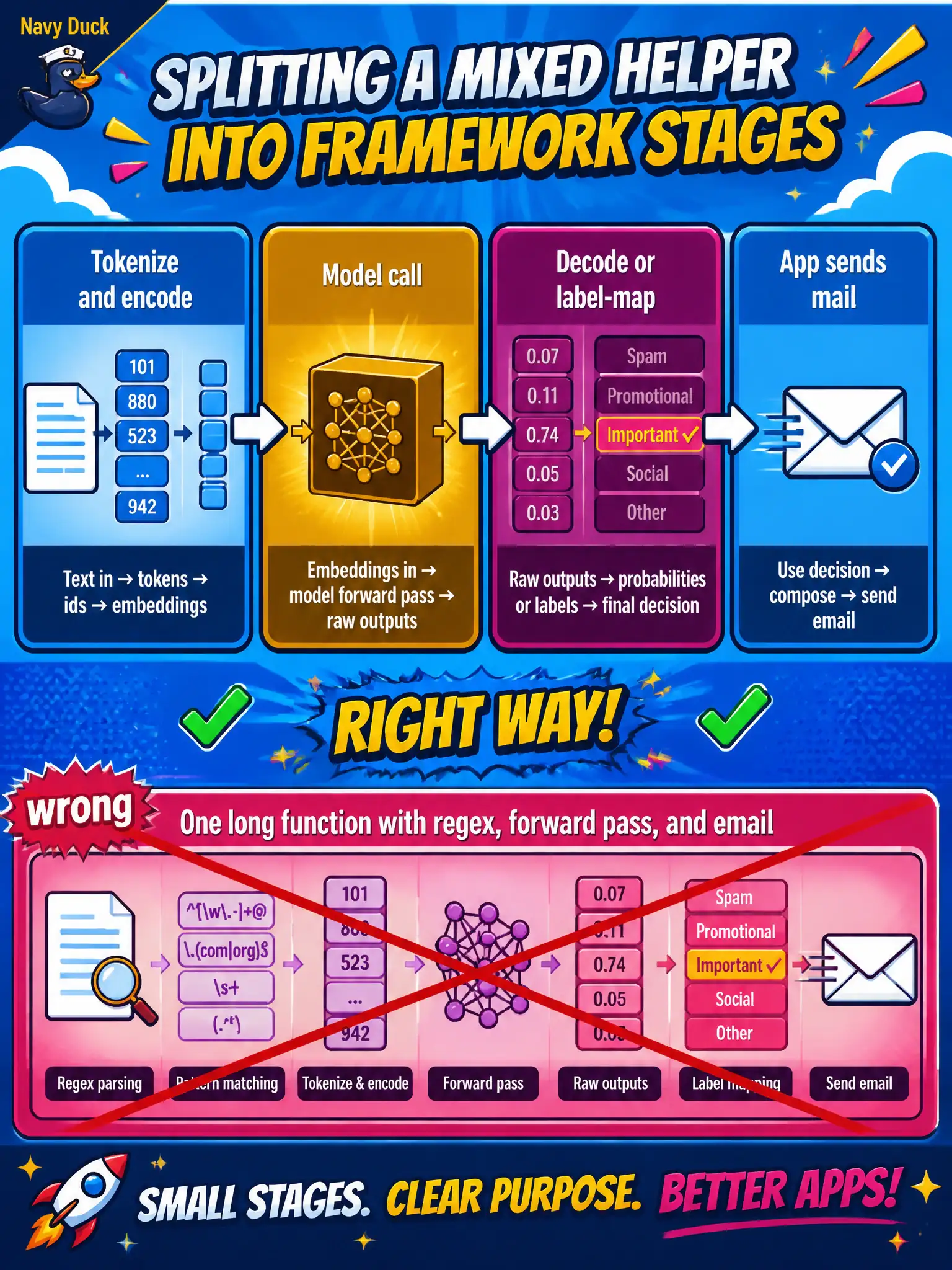 To Create an exciting colorful infographic that explains the concepts in the question: Question: A city weather-kiosk helper mixes regex, a forward pass, and email sending in one long function. How should that framework project be split? Correct Answer: Separate tokenize and encode, the model call, and decode or label-map as three stages, then let the app send mail. Put EVERY visible label in double quotes. No people. No A/B/C/D letters. In one of the four corners put a little "Navy Duck".