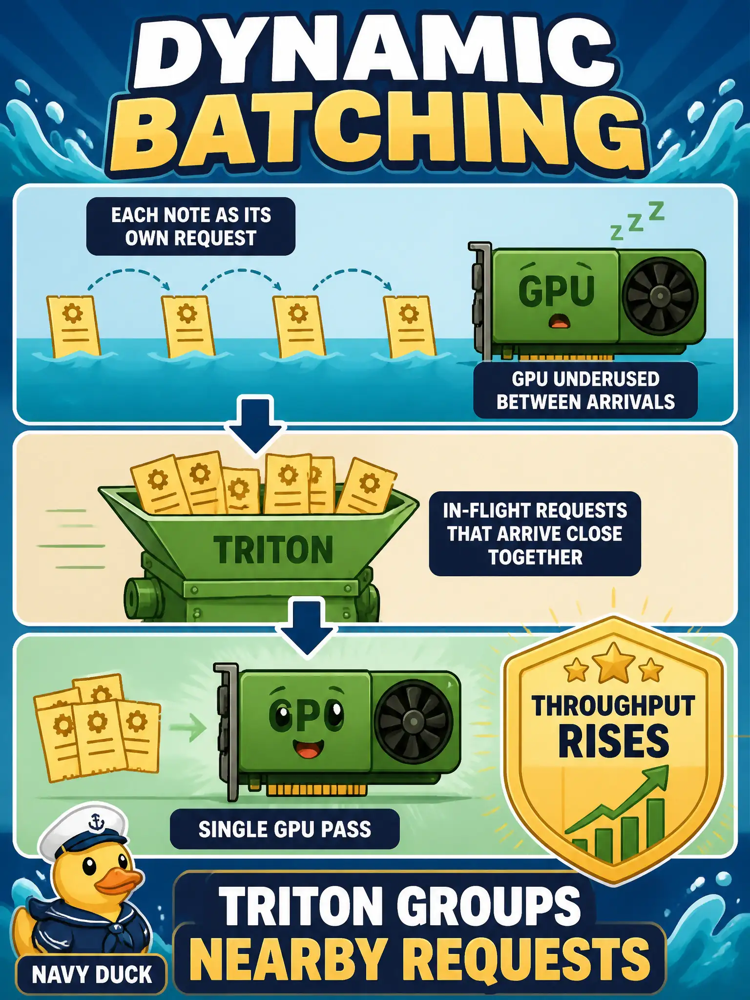 To Create an exciting colorful infographic that explains the concepts in the question: Question: A municipal water-billing desk posts each meter note to Triton as its own request, and the GPU stays underused between arrivals. Which Triton feature lets nearby requests share one forward pass so throughput rises? Correct Answer: Dynamic batching: Triton groups in-flight requests that arrive close together into a single GPU pass. Put EVERY visible label in double quotes. No people. No A/B/C/D letters. In one of the four corners put a little "Navy Duck".