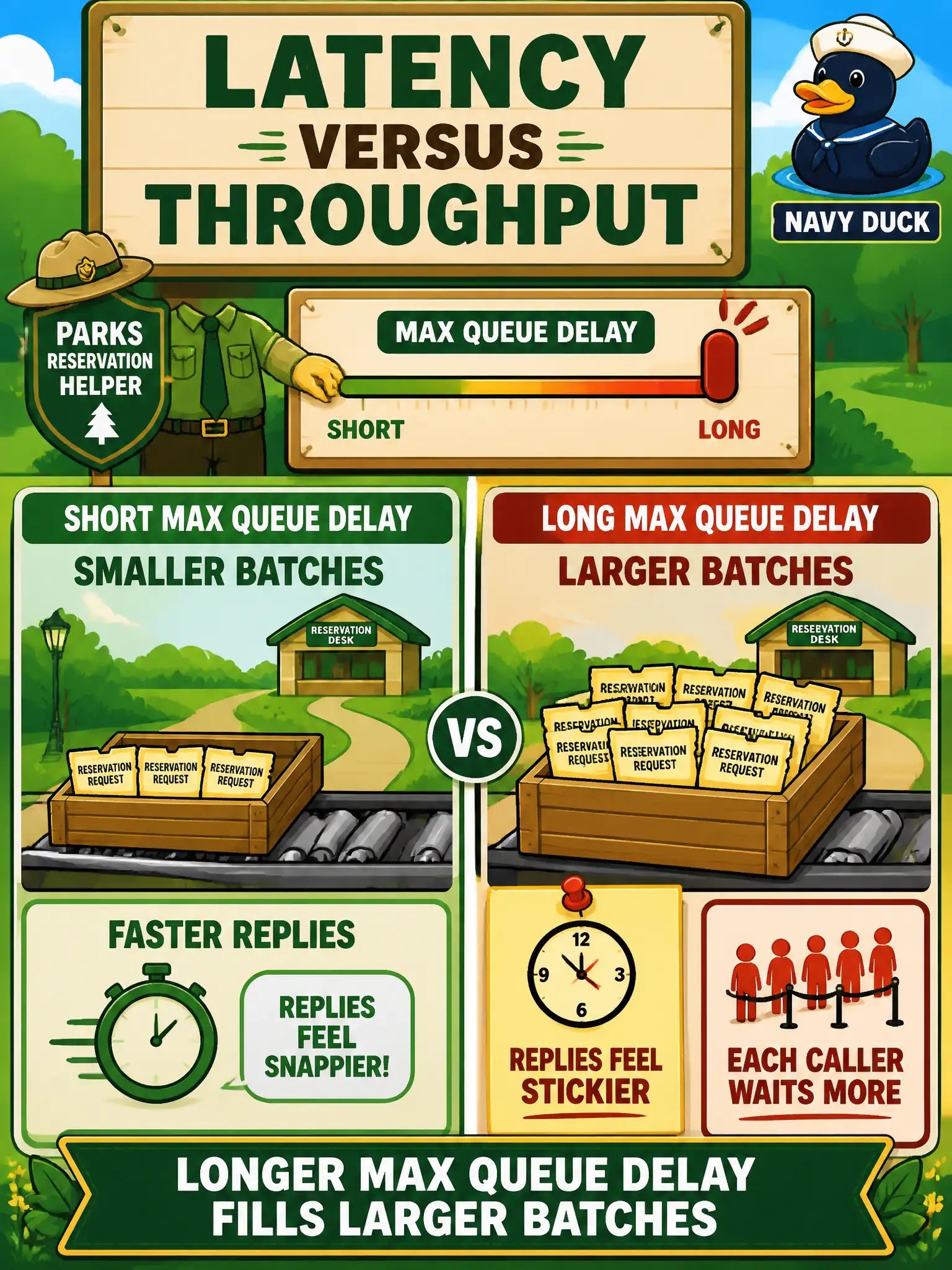 To Create an exciting colorful infographic that explains the concepts in the question: Question: After a parks-and-rec field-reservation helper raised Triton’s max queue delay so batches could grow, residents say replies feel stickier. What does that queue delay control? Correct Answer: The latency-versus-throughput knob: a longer max queue delay fills larger batches, but each caller waits more. Put EVERY visible label in double quotes. No people. No A/B/C/D letters. In one of the four corners put a little "Navy Duck".