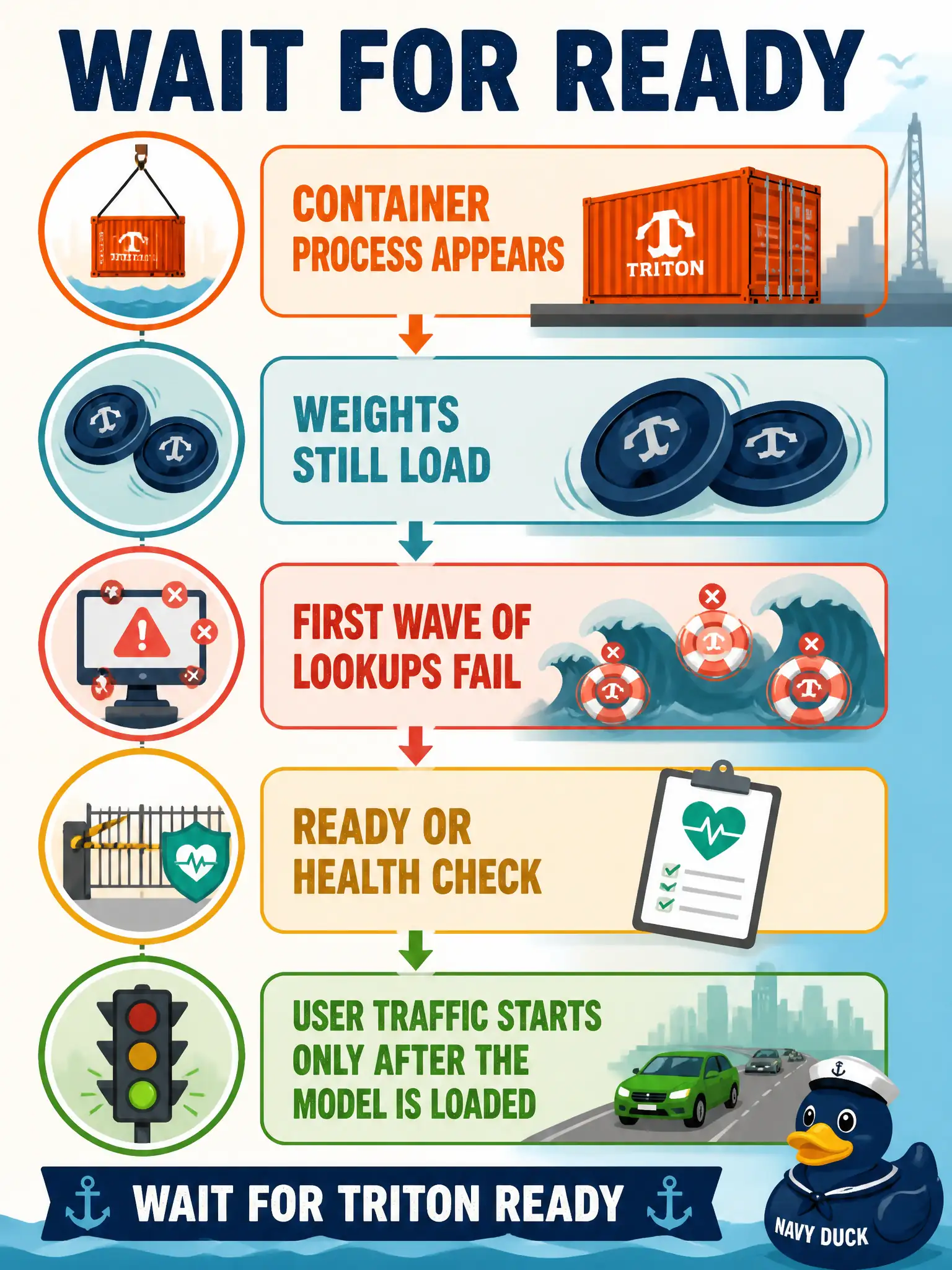 To Create an exciting colorful infographic that explains the concepts in the question: Question: A transit lost-and-found page starts posting inferences the instant the Triton container process appears, and the first wave of lookups fail while weights still load. What should the client wait for? Correct Answer: Triton’s ready or health check, so user traffic starts only after the model is loaded. Put EVERY visible label in double quotes. No people. No A/B/C/D letters. In one of the four corners put a little "Navy Duck".