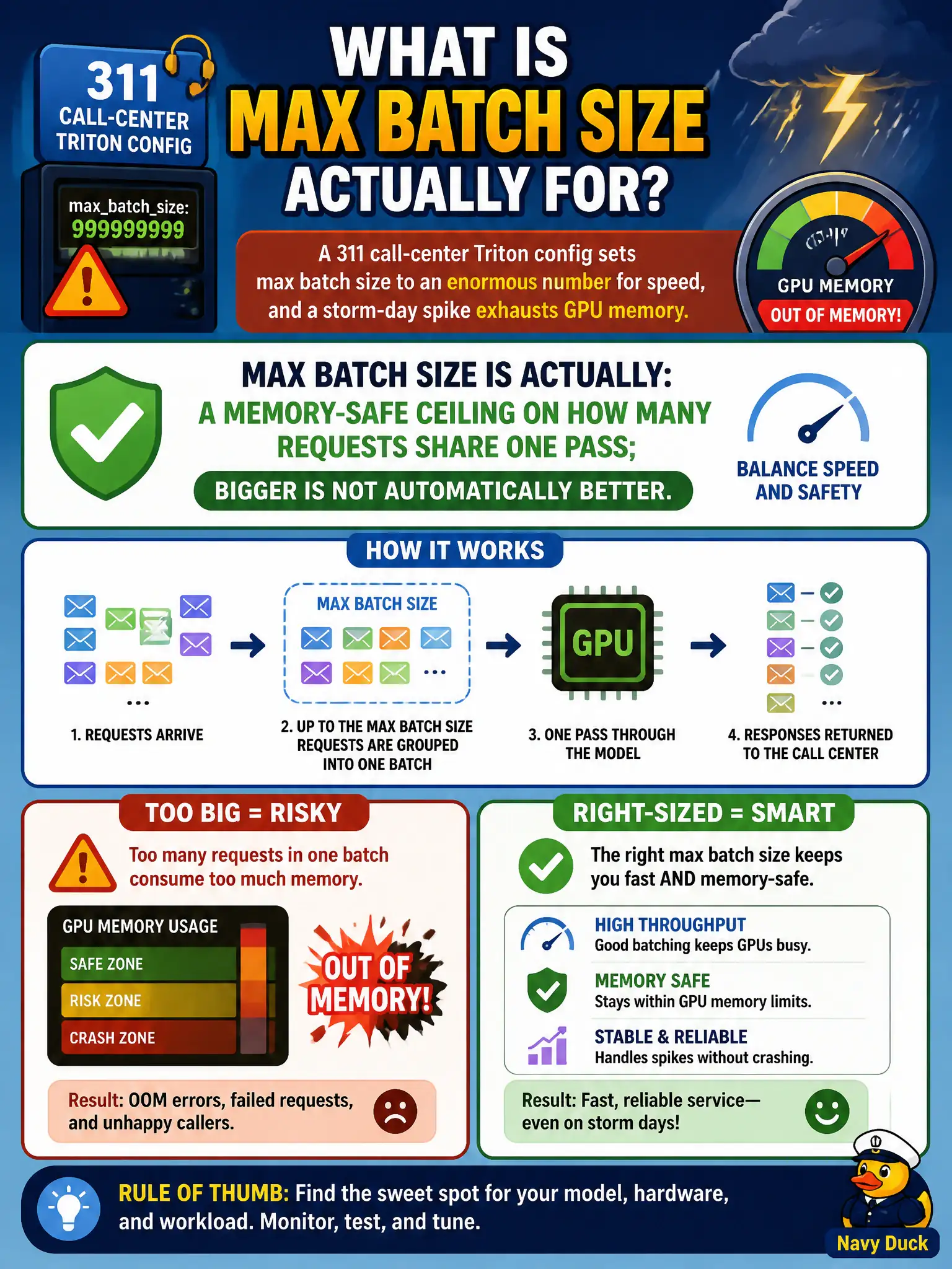 To Create an exciting colorful infographic that explains the concepts in the question: Question: A 311 call-center Triton config sets max batch size to an enormous number for speed, and a storm-day spike exhausts GPU memory. What is max batch size actually for? Correct Answer: It is a memory-safe ceiling on how many requests share one pass; bigger is not automatically better. Put EVERY visible label in double quotes. No people. No A/B/C/D letters. In one of the four corners put a little "Navy Duck".
