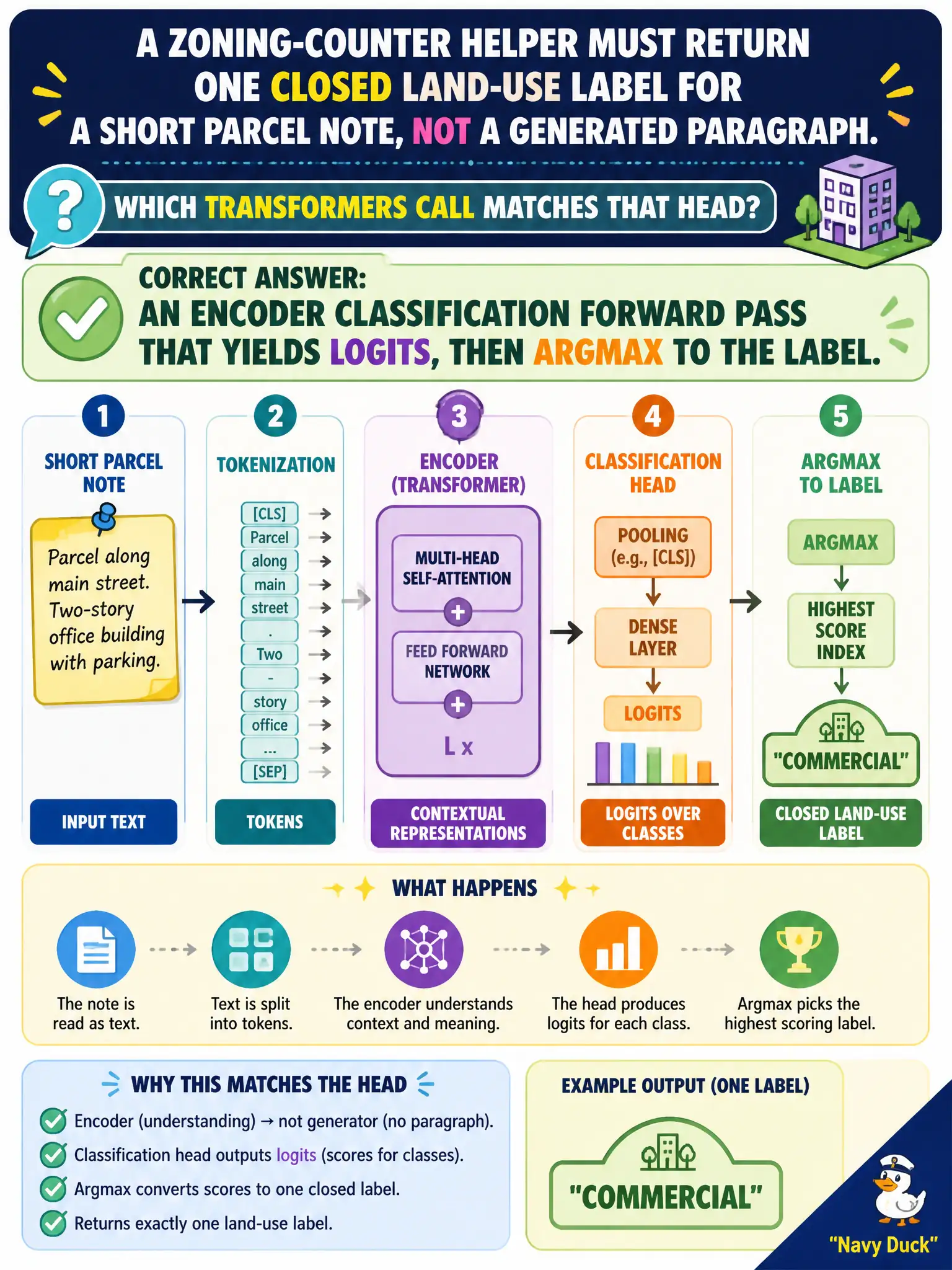 To Create an exciting colorful infographic that explains the concepts in the question: Question: A zoning-counter helper must return one closed land-use label for a short parcel note, not a generated paragraph. Which transformers call matches that head? Correct Answer: An encoder classification forward pass that yields logits, then argmax to the label. Put EVERY visible label in double quotes. No people. No A/B/C/D letters. In one of the four corners put a little "Navy Duck".