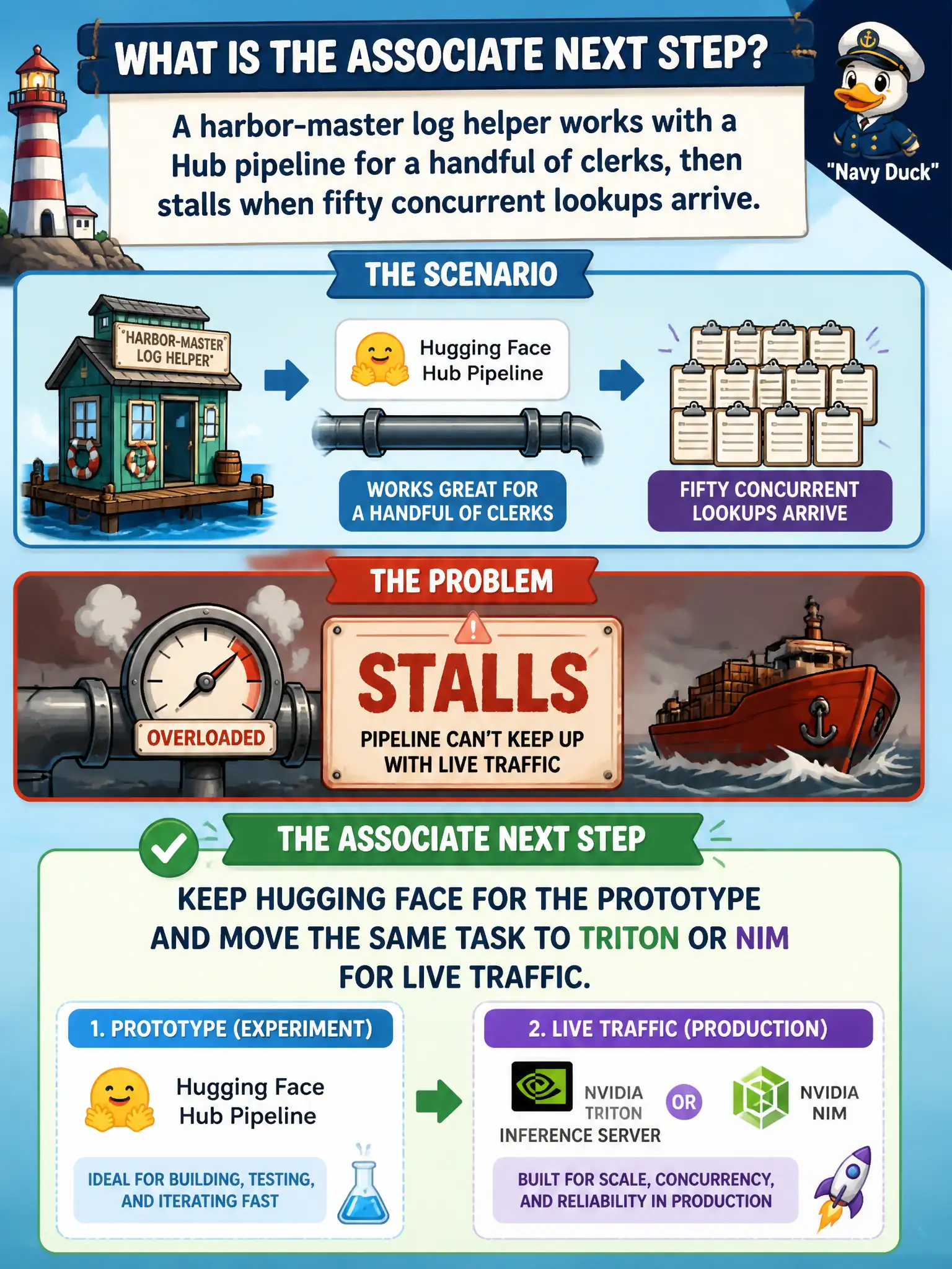 To Create an exciting colorful infographic that explains the concepts in the question: Question: A harbor-master log helper works with a Hub pipeline for a handful of clerks, then stalls when fifty concurrent lookups arrive. What is the associate next step? Correct Answer: Keep Hugging Face for the prototype and move the same task to Triton or NIM for live traffic. Put EVERY visible label in double quotes. No people. No A/B/C/D letters. In one of the four corners put a little "Navy Duck".