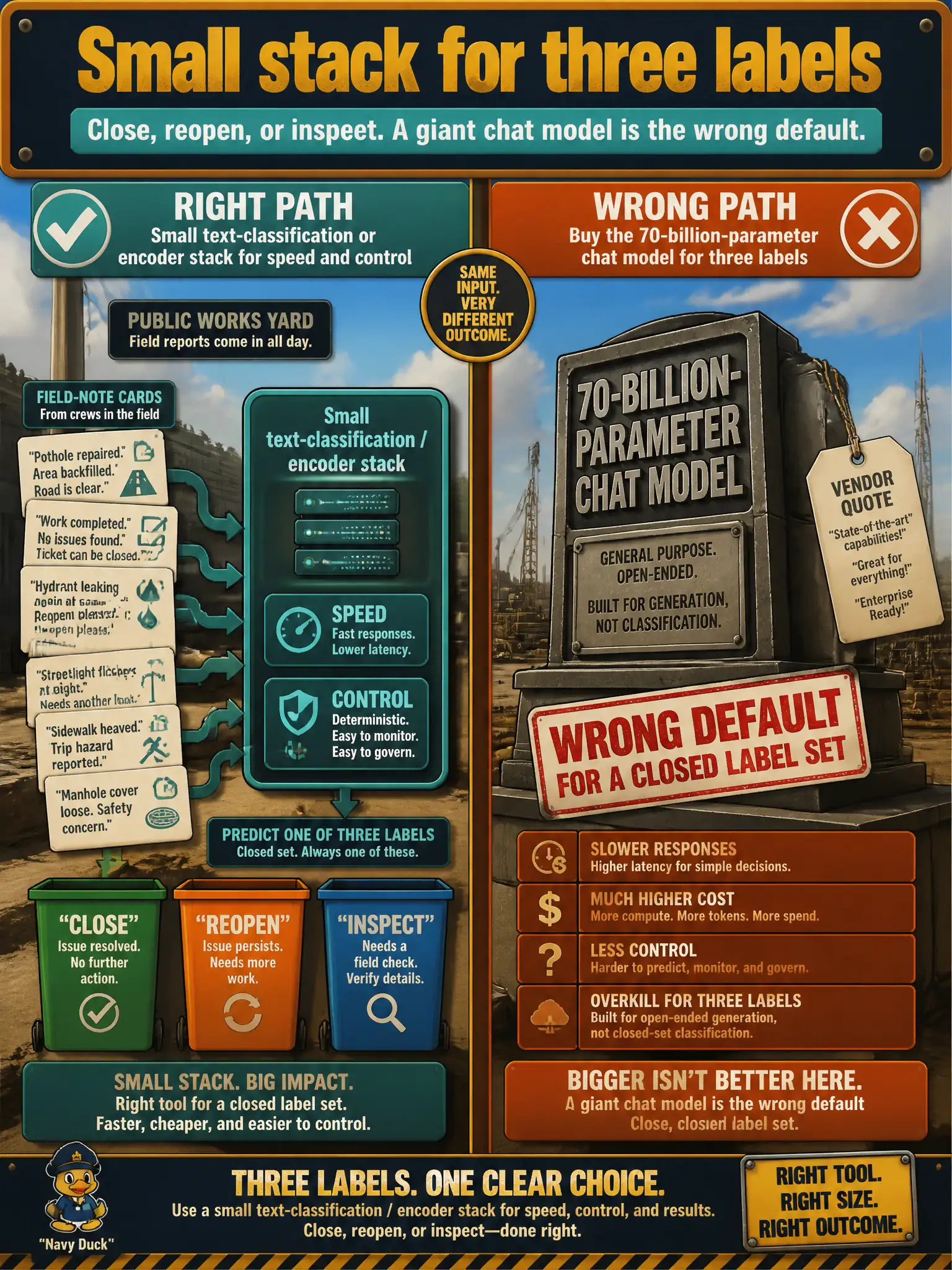 To Create an exciting colorful infographic that explains the concepts in the question: Question: A public-works yard tags every field note as close, reopen, or inspect, and a vendor quotes a 70-billion-parameter chat model for that three-label job. What should the software team pick? Correct Answer: A small text-classification or encoder stack for speed and control. A giant generative chat model is the wrong default for a closed label set. Put EVERY visible label in double quotes. No people. No A/B/C/D letters. In one of the four corners put a little "Navy Duck".