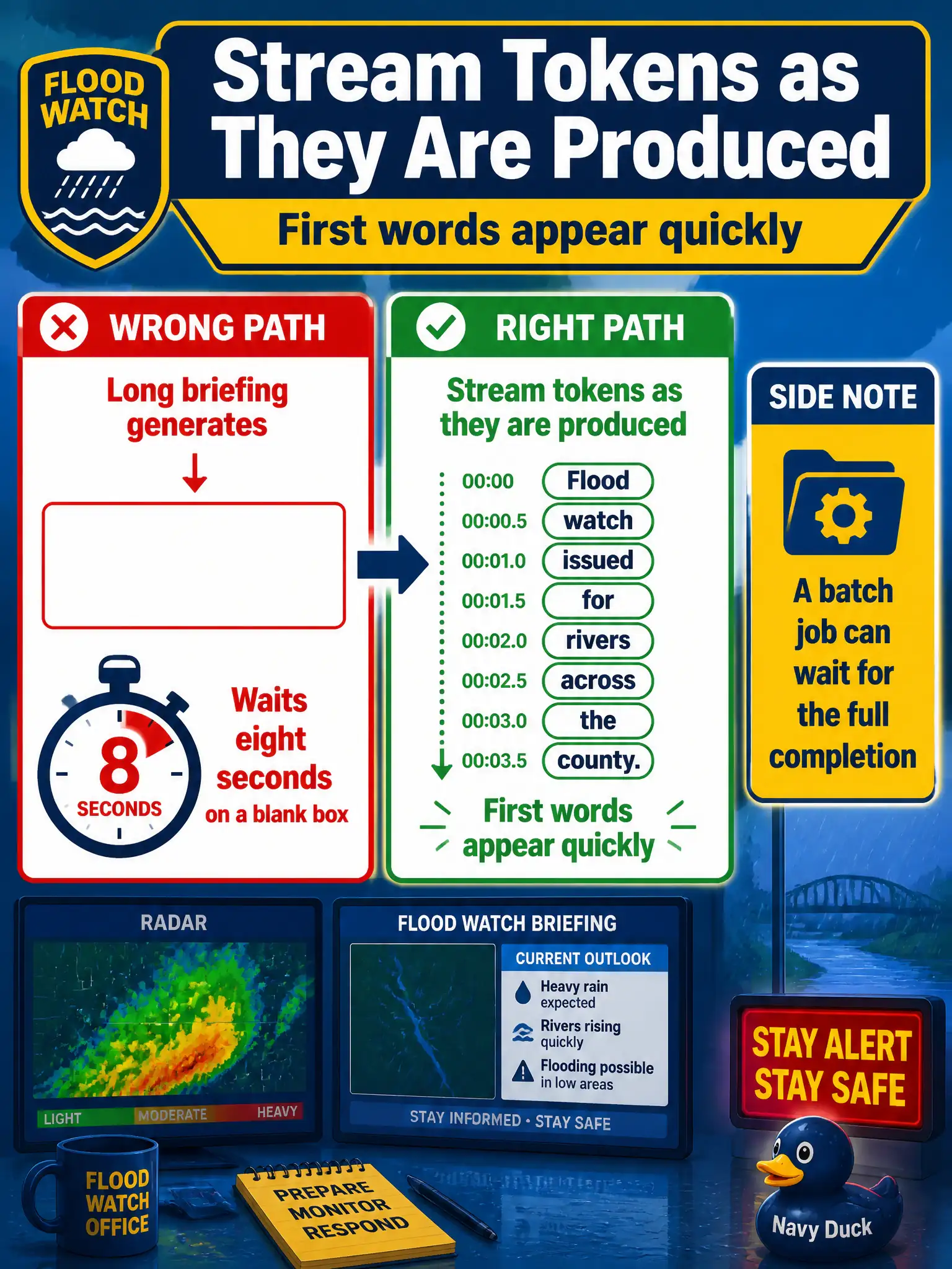 To Create an exciting colorful infographic that explains the concepts in the question: Question: A flood-watch office waits eight seconds on a blank box while a long briefing generates. What should the interactive path do? Correct Answer: Stream tokens as they are produced so the first words appear quickly. A batch job can wait for the full completion. Put EVERY visible label in double quotes. No people. No A/B/C/D letters. In one of the four corners put a little "Navy Duck".