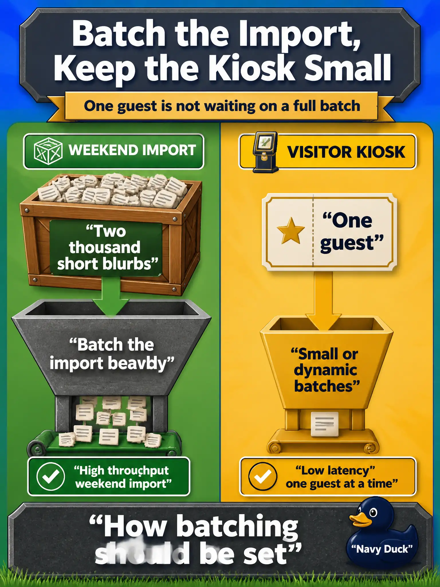 To Create an exciting colorful infographic that explains the concepts in the question: Question: A cemetery-plot weekend import must embed two thousand short blurbs, while the visitor kiosk has one guest. How should batching be set? Correct Answer: Batch the import heavily. Leave the kiosk at small or dynamic batches so one guest is not waiting on a full batch. Put EVERY visible label in double quotes. No people. No A/B/C/D letters. In one of the four corners put a little "Navy Duck".