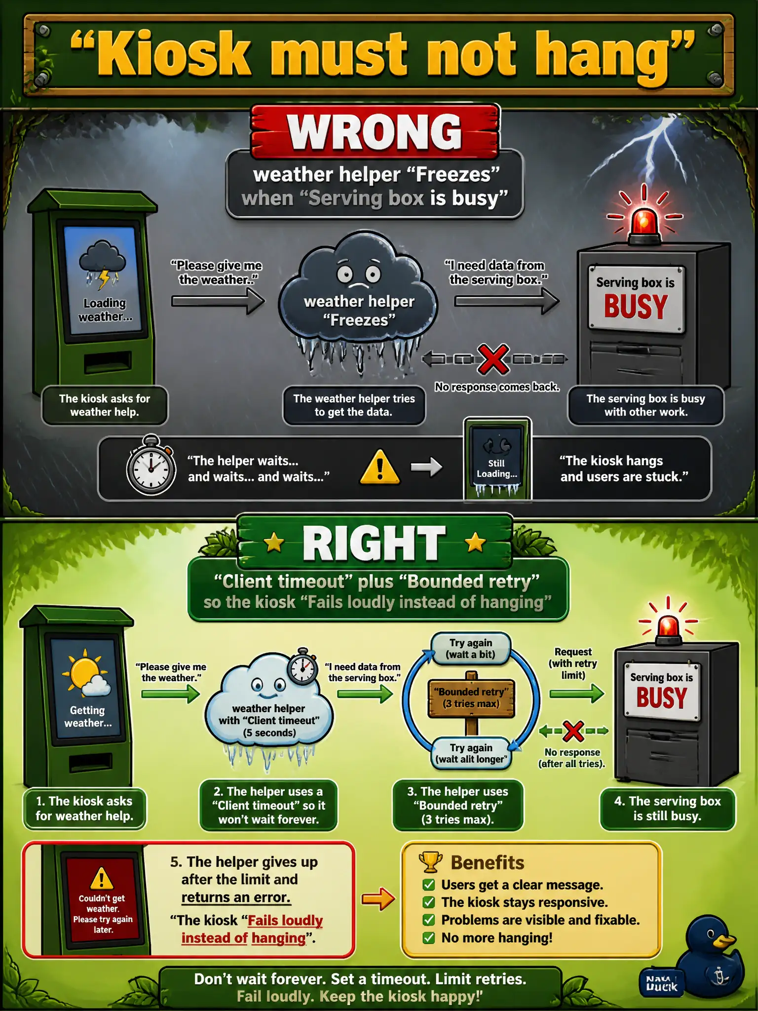 To Create an exciting colorful infographic that explains the concepts in the question: Question: A trail-head weather helper freezes when the serving box is busy. What must the client add? Correct Answer: A client timeout and a bounded retry so the kiosk fails loudly instead of hanging. Put EVERY visible label in double quotes. No people. No A/B/C/D letters. In one of the four corners put a little "Navy Duck".