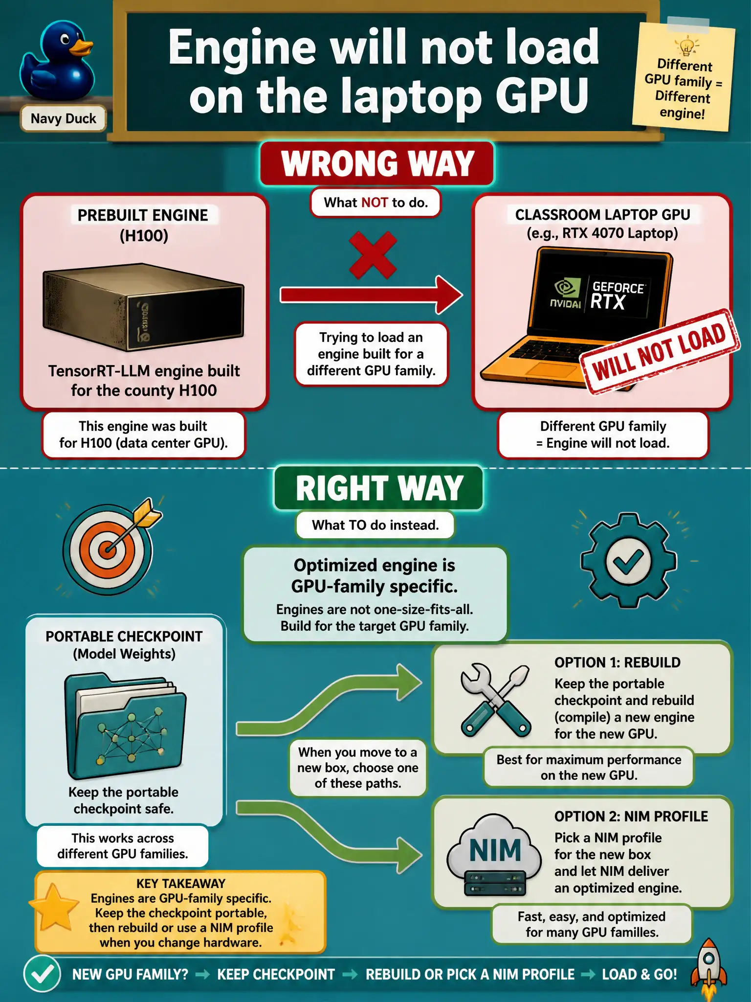 To Create an exciting colorful infographic that explains the concepts in the question: Question: A youth-makerspace copies a TensorRT-LLM engine built for the county H100 onto a classroom laptop GPU and it will not load. Why, and what should they keep? Correct Answer: An optimized engine is GPU-family specific. Keep the portable checkpoint and rebuild, or pick a NIM profile, for the new box. Put EVERY visible label in double quotes. No people. No A/B/C/D letters. In one of the four corners put a little "Navy Duck".