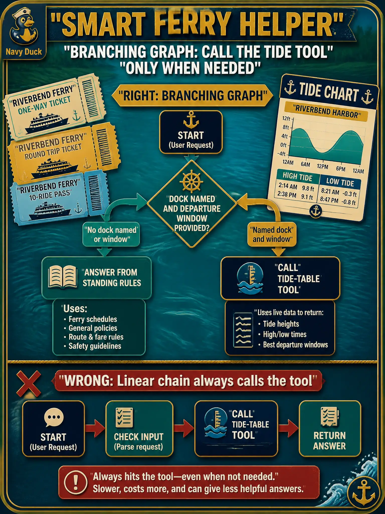 To Create an exciting colorful infographic that explains the concepts in the question: Question: A river-ferry helper should call a tide-table tool only when a rider names a dock and a departure window; otherwise it should answer from standing rules. Which application pattern fits that branch? Correct Answer: Use LangGraph, or an equivalent graph, so the tide tool runs only on the named-dock path. A linear chain that always calls the tool is the wrong shape. Put EVERY visible label in double quotes. No people. No A/B/C/D letters. In one of the four corners put a little "Navy Duck".