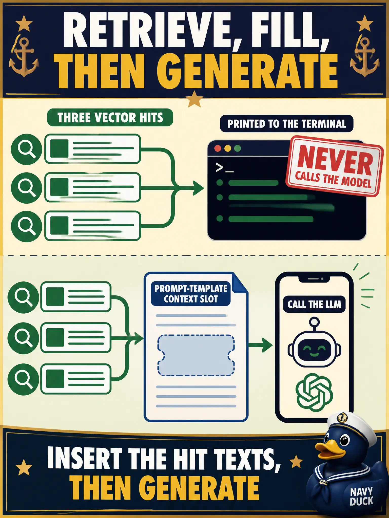 To Create an exciting colorful infographic that explains the concepts in the question: Question: A food-pantry hours bot already received three similar hits from its vector client. A volunteer prints those hits to the terminal and never calls the model. What should the application do next? Correct Answer: Insert the hit texts into the prompt-template context slot, then call the LLM. That is the retrieve-then-fill-then-generate app path. Put EVERY visible label in double quotes. No people. No A/B/C/D letters. In one of the four corners put a little "Navy Duck".