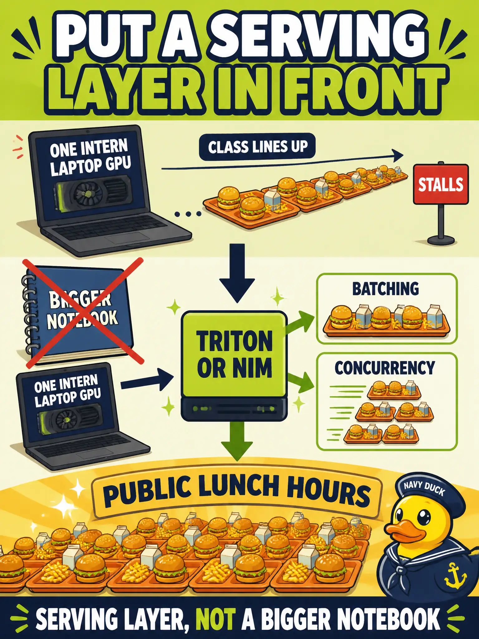 To Create an exciting colorful infographic that explains the concepts in the question: Question: A school-cafeteria menu helper works on one intern laptop GPU and stalls when a class lines up. What should the team add before public lunch hours? Correct Answer: Put Triton or NIM in front so batching and concurrency are handled by a serving layer, not a bigger notebook. Put EVERY visible label in double quotes. No people. No A/B/C/D letters. In one of the four corners put a little "Navy Duck".