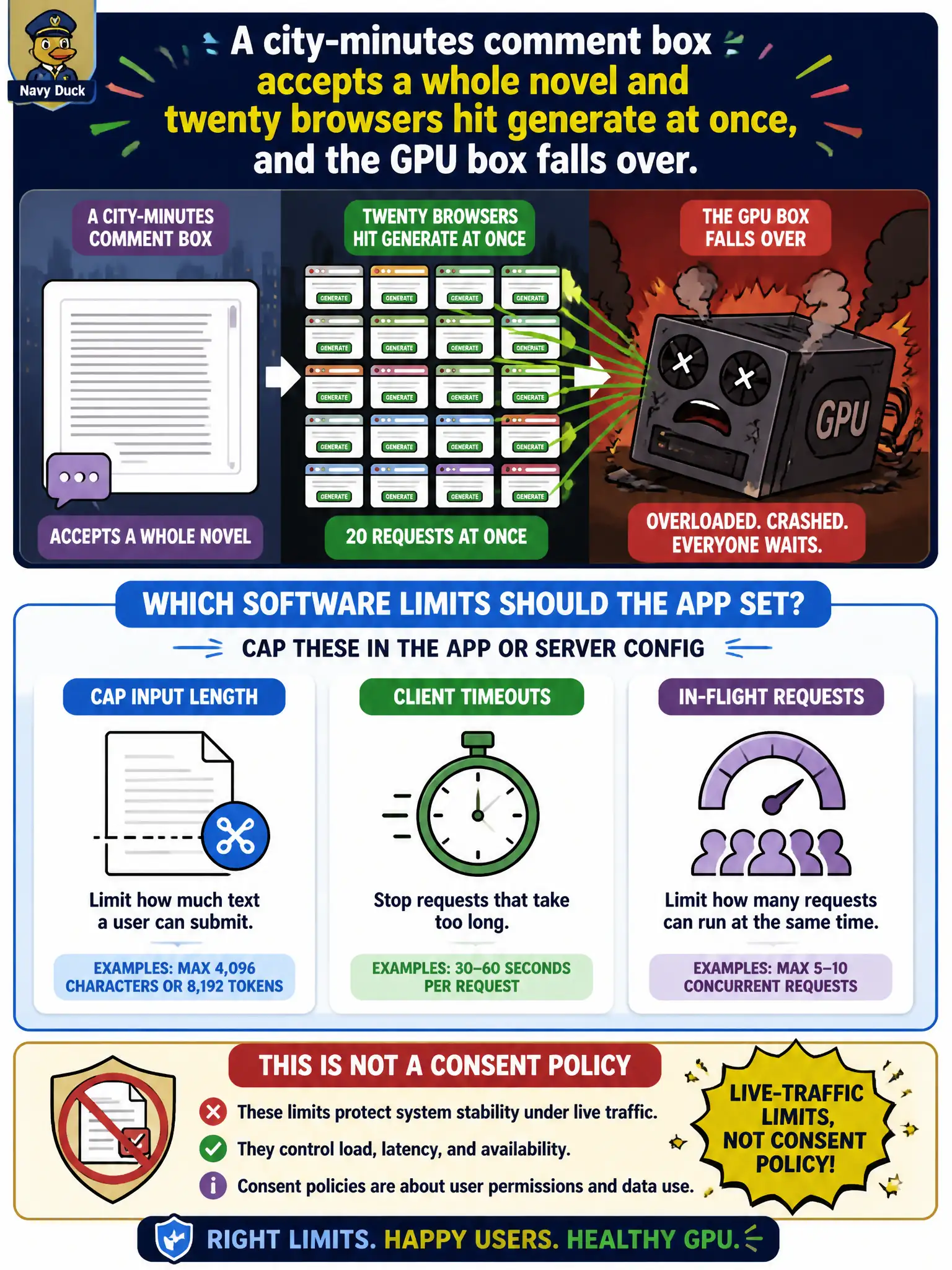 To Create an exciting colorful infographic that explains the concepts in the question: Question: A city-minutes comment box accepts a whole novel and twenty browsers hit generate at once, and the GPU box falls over. Which software limits should the app set? Correct Answer: Cap input length, client timeouts, and in-flight requests in the app or server config. That is a live-traffic limit, not a consent policy. Put EVERY visible label in double quotes. No people. No A/B/C/D letters. In one of the four corners put a little "Navy Duck".