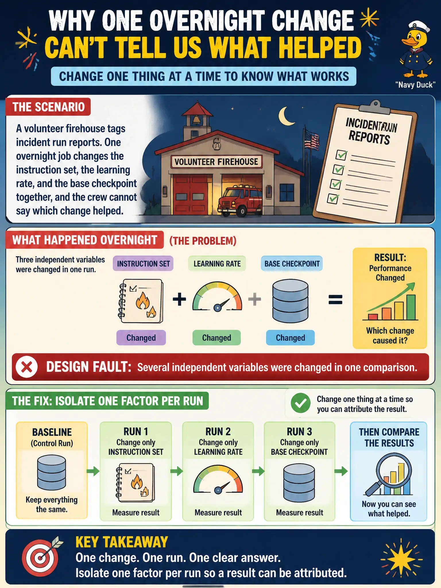 To Create an exciting colorful infographic that explains the concepts in the question: Question: A volunteer firehouse tags incident run reports. One overnight job changes the instruction set, the learning rate, and the base checkpoint together, and the crew cannot say which change helped. What is the design fault? Correct Answer: Several independent variables were changed in one comparison. Isolate one factor per run so a result can be attributed. Put EVERY visible label in double quotes. No people. No A/B/C/D letters. In one of the four corners put a little "Navy Duck".