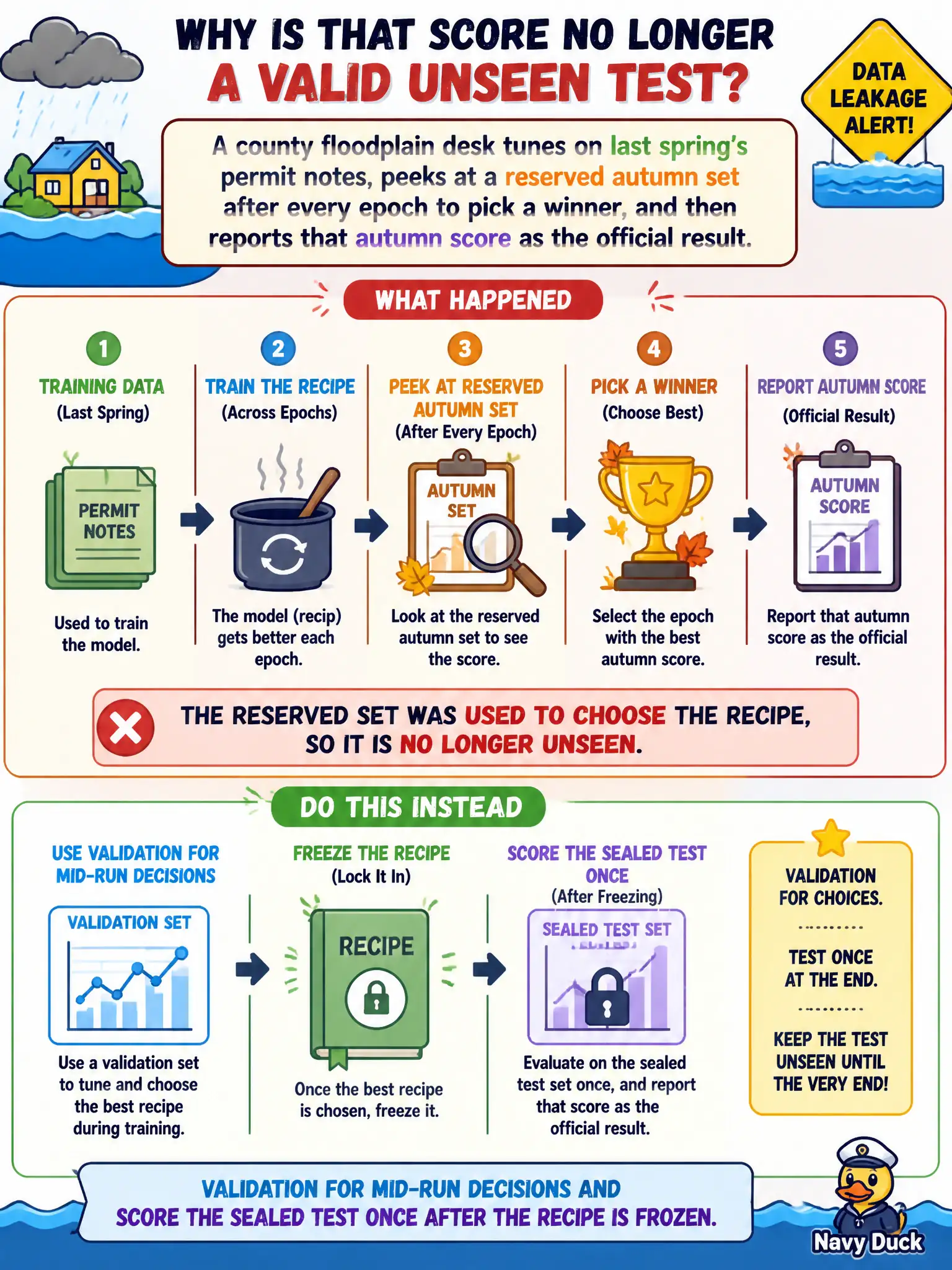 To Create an exciting colorful infographic that explains the concepts in the question: Question: A county floodplain desk tunes on last spring’s permit notes, peeks at a reserved autumn set after every epoch to pick a winner, and then reports that autumn score as the official result. Why is that score no longer a valid unseen test? Correct Answer: The reserved set was used to choose the recipe, so it is no longer unseen. Use validation for mid-run decisions and score the sealed test once after the recipe is frozen. Put EVERY visible label in double quotes. No people. No A/B/C/D letters. In one of the four corners put a little "Navy Duck".