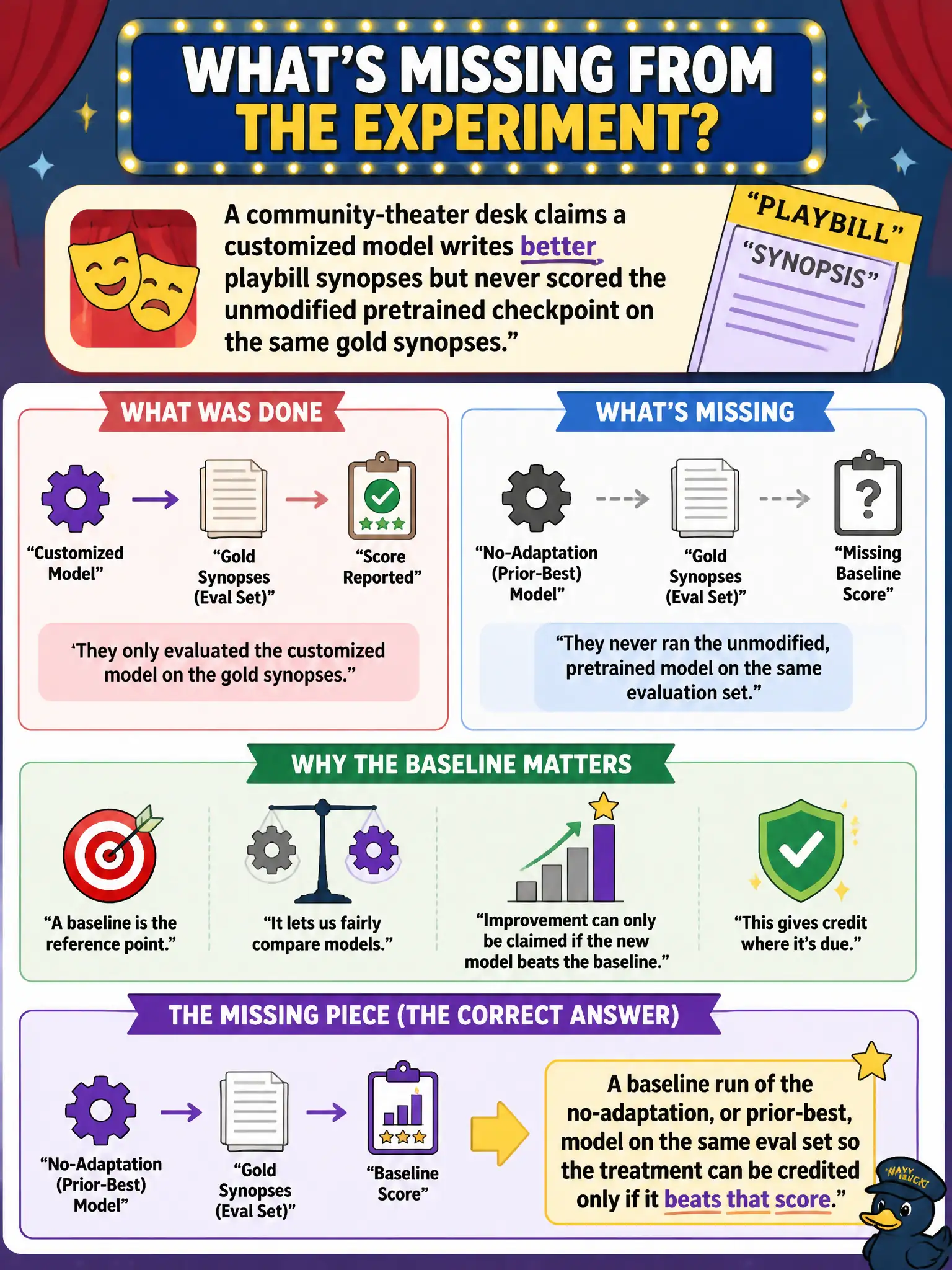 To Create an exciting colorful infographic that explains the concepts in the question: Question: A community-theater desk claims a customized model writes better playbill synopses but never scored the unmodified pretrained checkpoint on the same gold synopses. What is missing from the experiment? Correct Answer: A baseline run of the no-adaptation, or prior-best, model on the same eval set so the treatment can be credited only if it beats that score. Put EVERY visible label in double quotes. No people. No A/B/C/D letters. In one of the four corners put a little "Navy Duck".