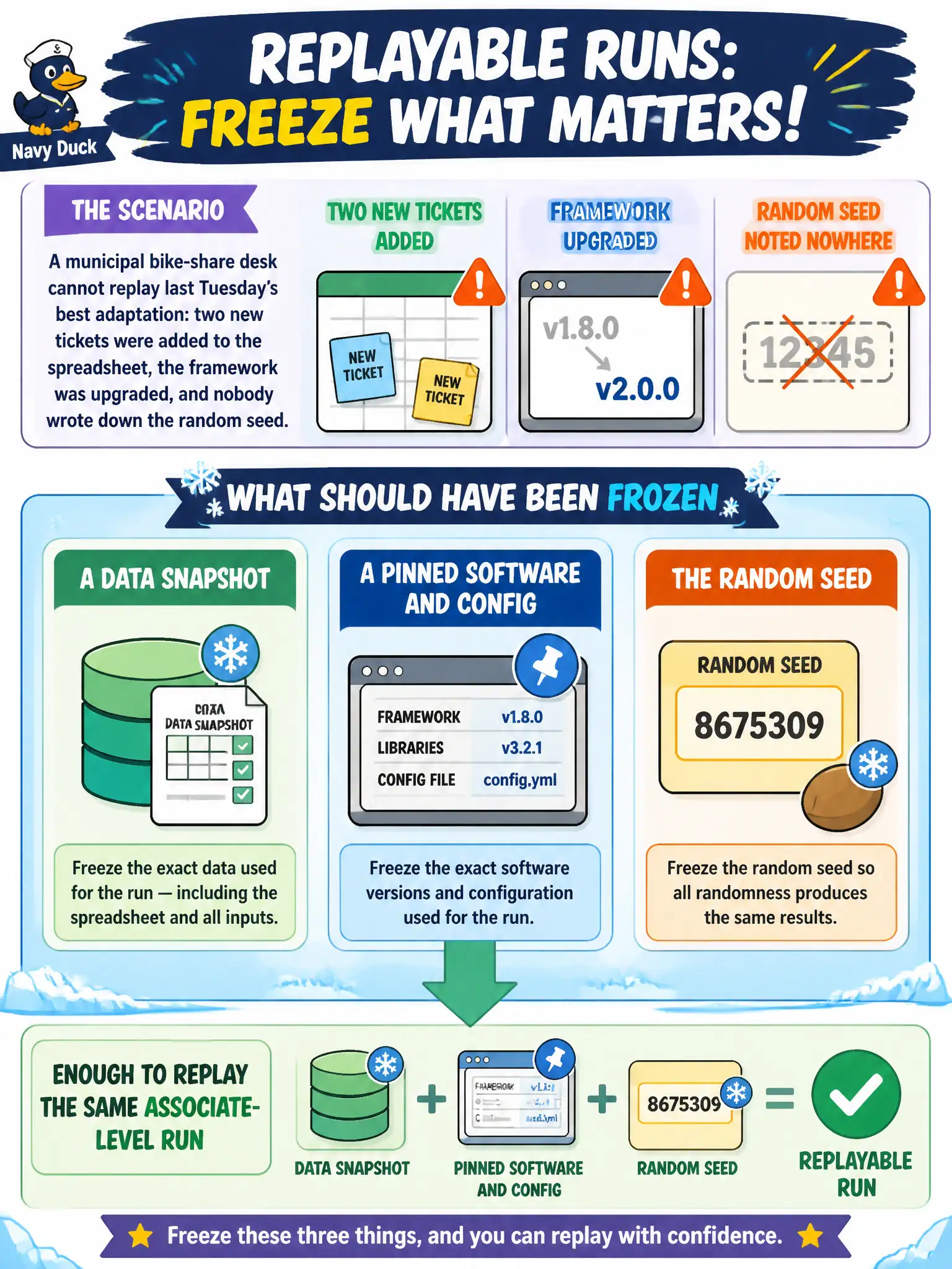 To Create an exciting colorful infographic that explains the concepts in the question: Question: A municipal bike-share desk cannot replay last Tuesday’s best adaptation: two new tickets were added to the spreadsheet, the framework was upgraded, and nobody wrote down the random seed. What should have been frozen for a replayable run? Correct Answer: A data snapshot, a pinned software and config, and the random seed — enough to replay the same associate-level run. Put EVERY visible label in double quotes. No people. No A/B/C/D letters. In one of the four corners put a little "Navy Duck".